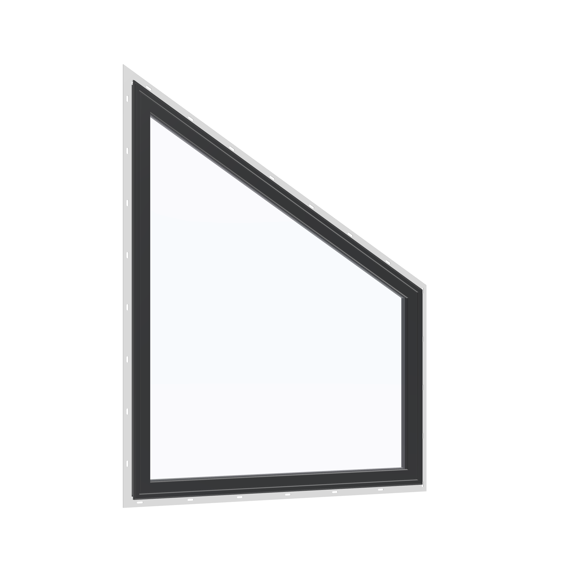 Opposite exterior angle of the 36 × 48 inch trapezoid (right), black exterior / black interior, with nailing flange