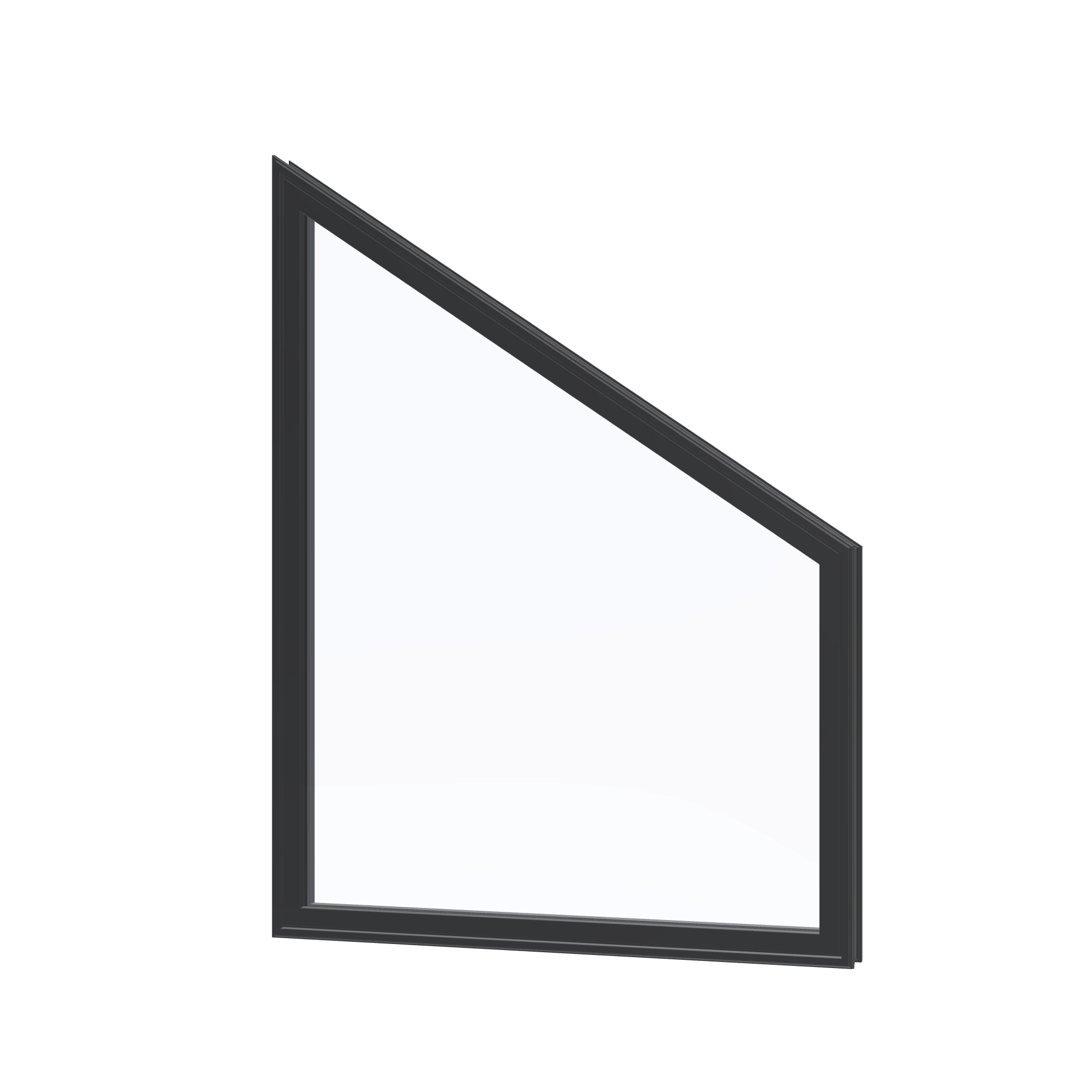 Angled exterior view of the 36 × 48 inch trapezoid (right), black exterior / black interior, without nailing flange