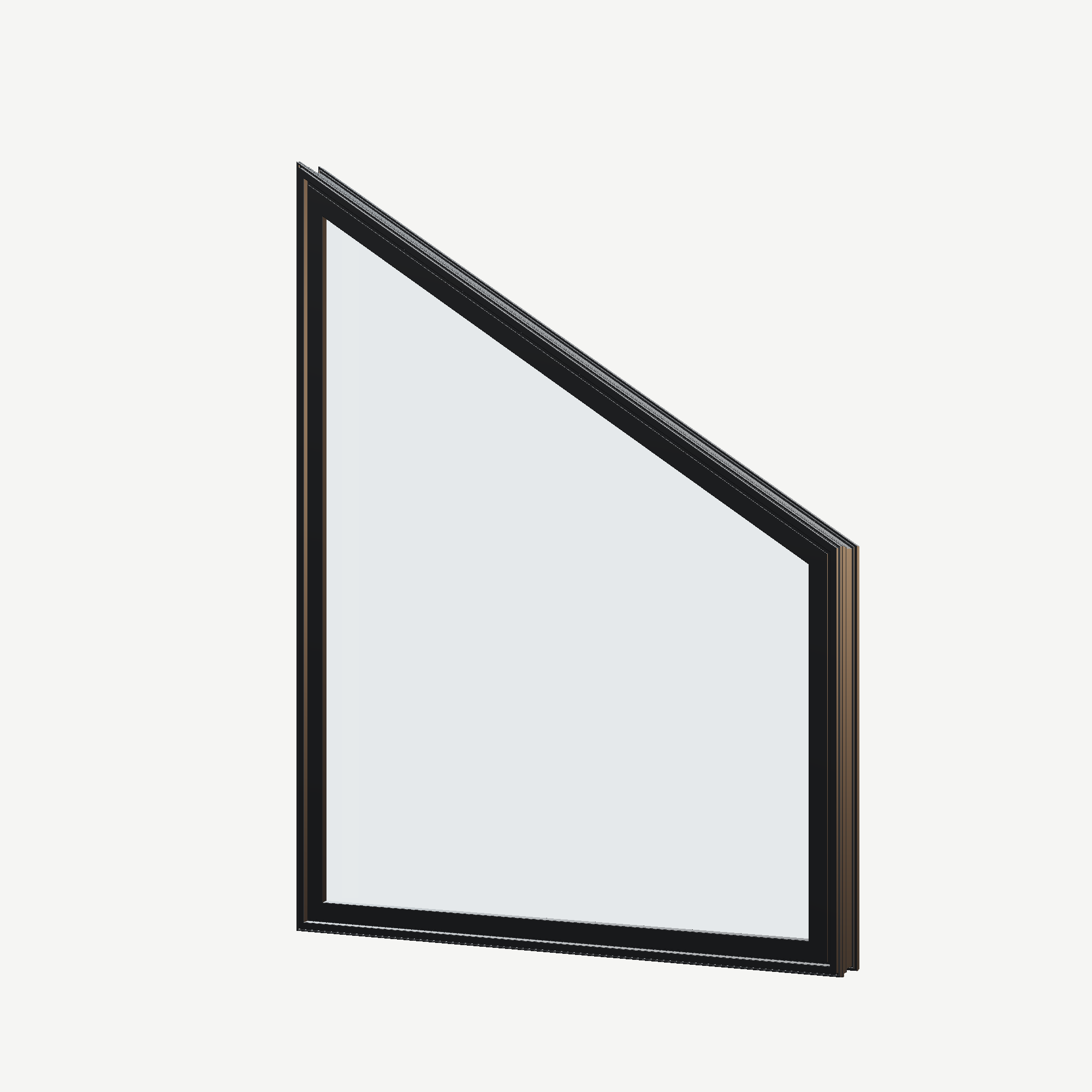 Angled exterior view of the 36 × 48 inch trapezoid (right), black exterior / black interior, without nailing flange