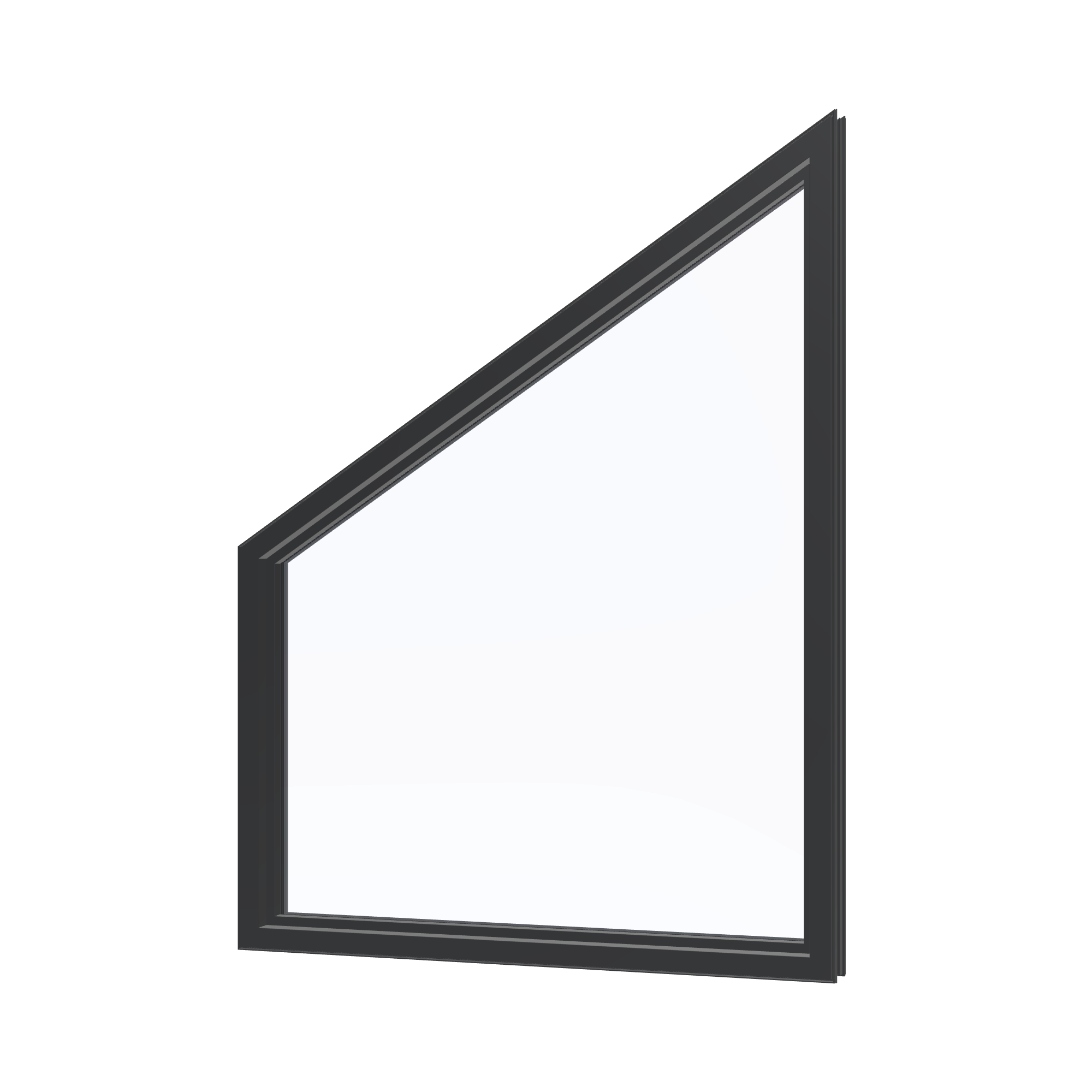 Angled interior view of the 36 × 48 inch trapezoid (right), black exterior / black interior, without nailing flange