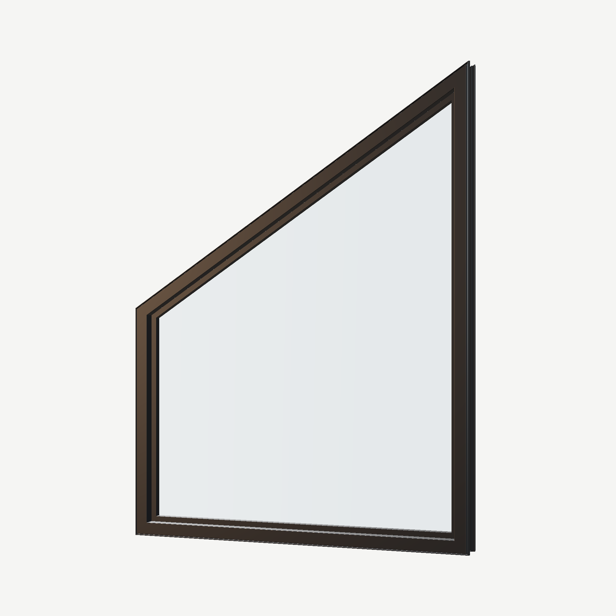 Angled interior view of the 36 × 48 inch trapezoid (right), black exterior / black interior, without nailing flange