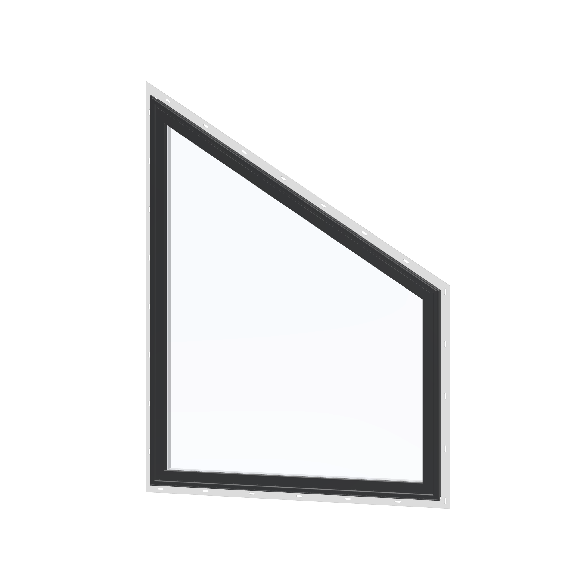 Angled exterior view of the 36 × 48 inch trapezoid (right), black exterior / white interior, with nailing flange