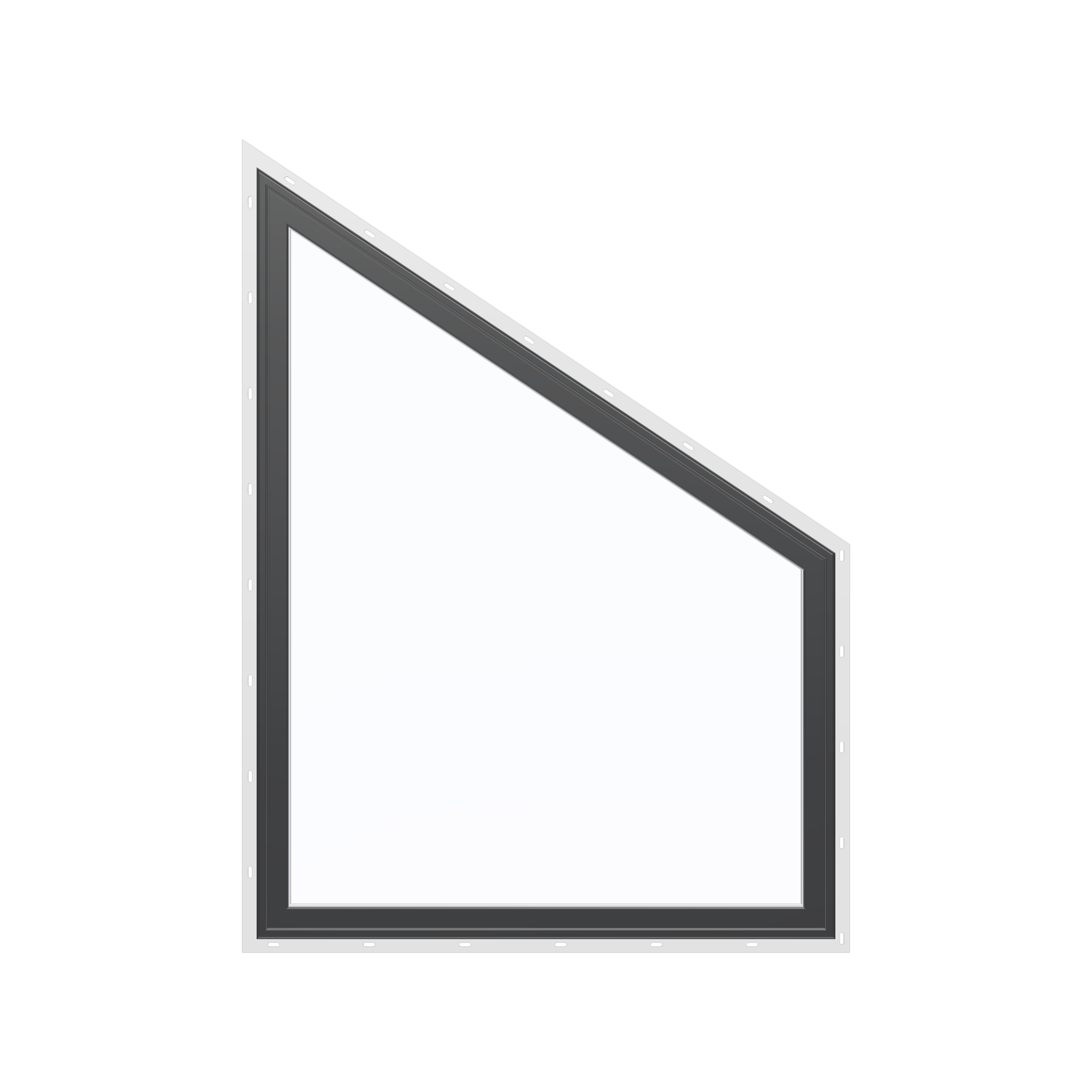 Straight exterior view of the 36 × 48 inch trapezoid (right), black exterior / white interior, with nailing flange