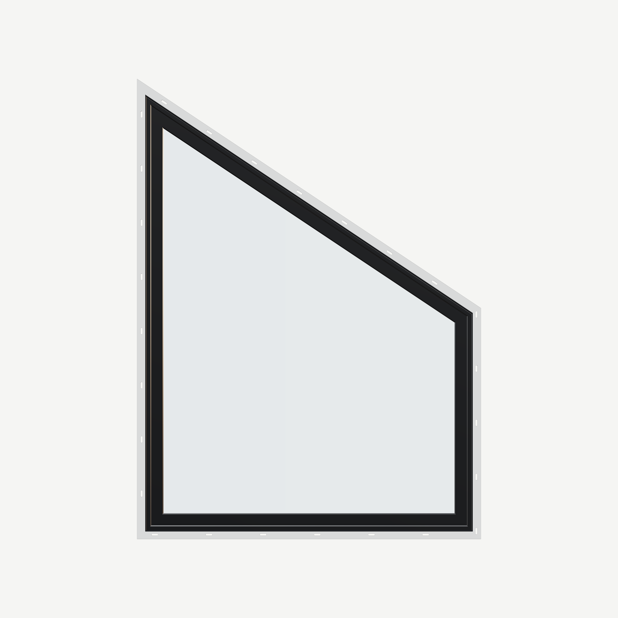 Straight exterior view of the 36 × 48 inch trapezoid (right), black exterior / white interior, with nailing flange