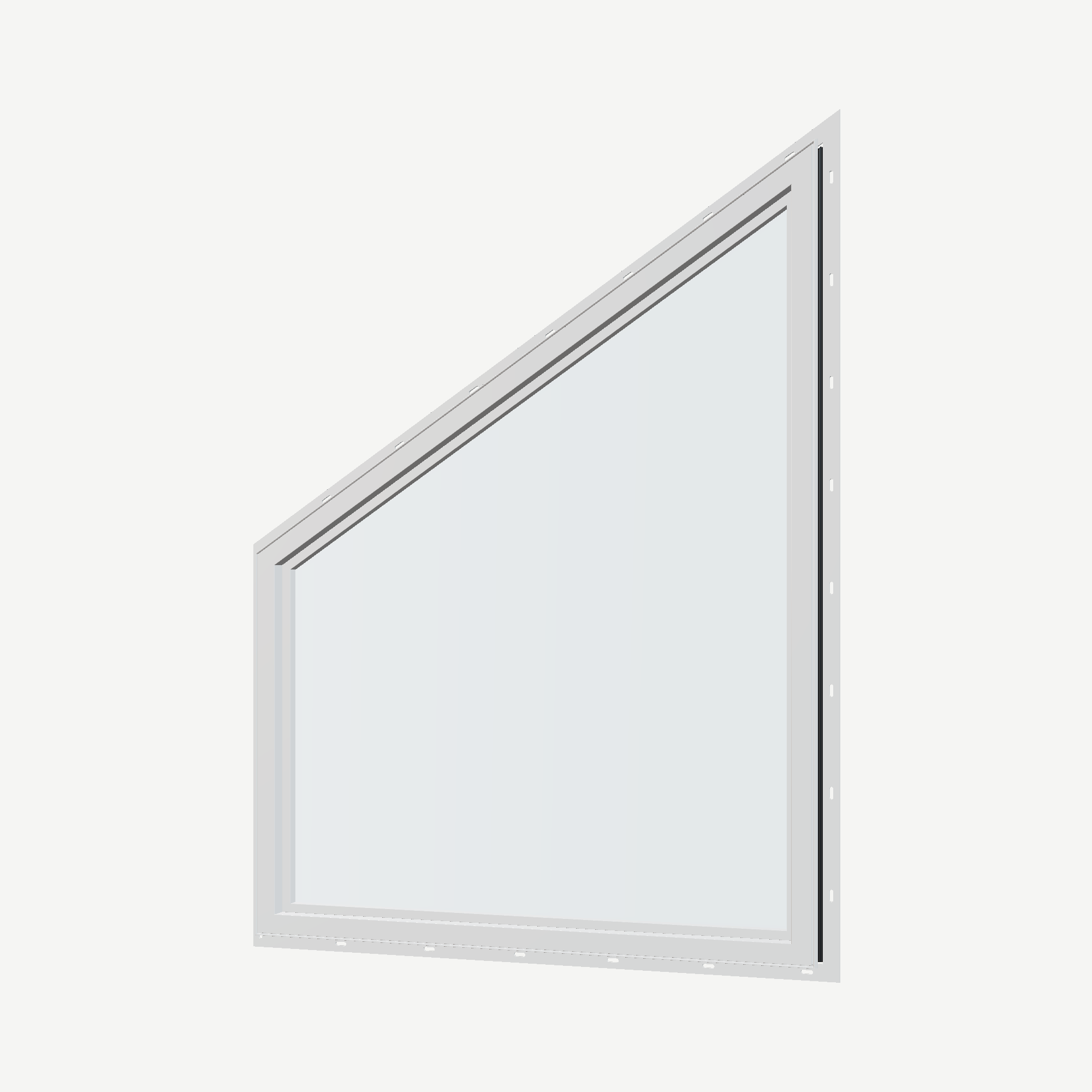 Angled interior view of the 36 × 48 inch trapezoid (right), black exterior / white interior, with nailing flange