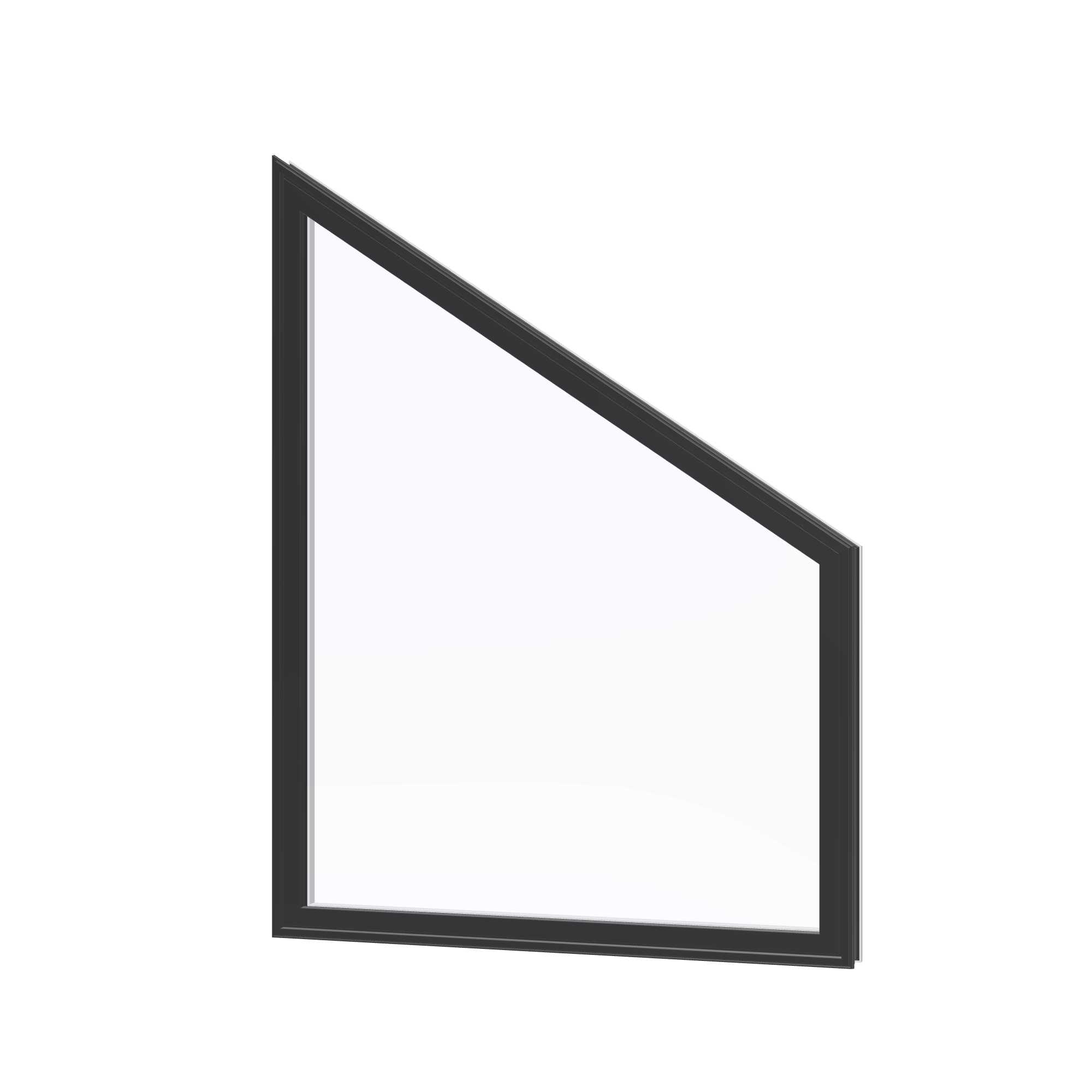Angled exterior view of the 36 × 48 inch trapezoid (right), black exterior / white interior, without nailing flange