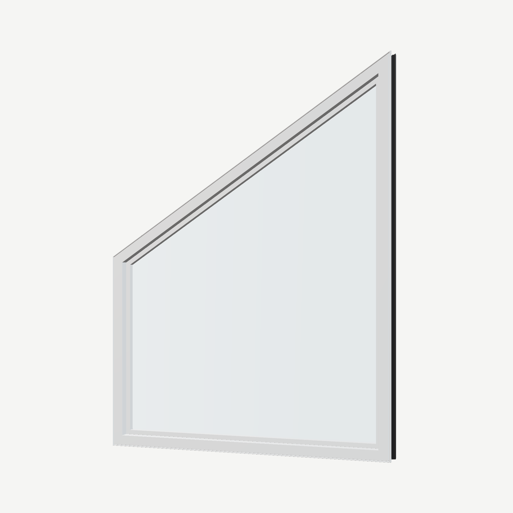 Angled interior view of the 36 × 48 inch trapezoid (right), black exterior / white interior, without nailing flange