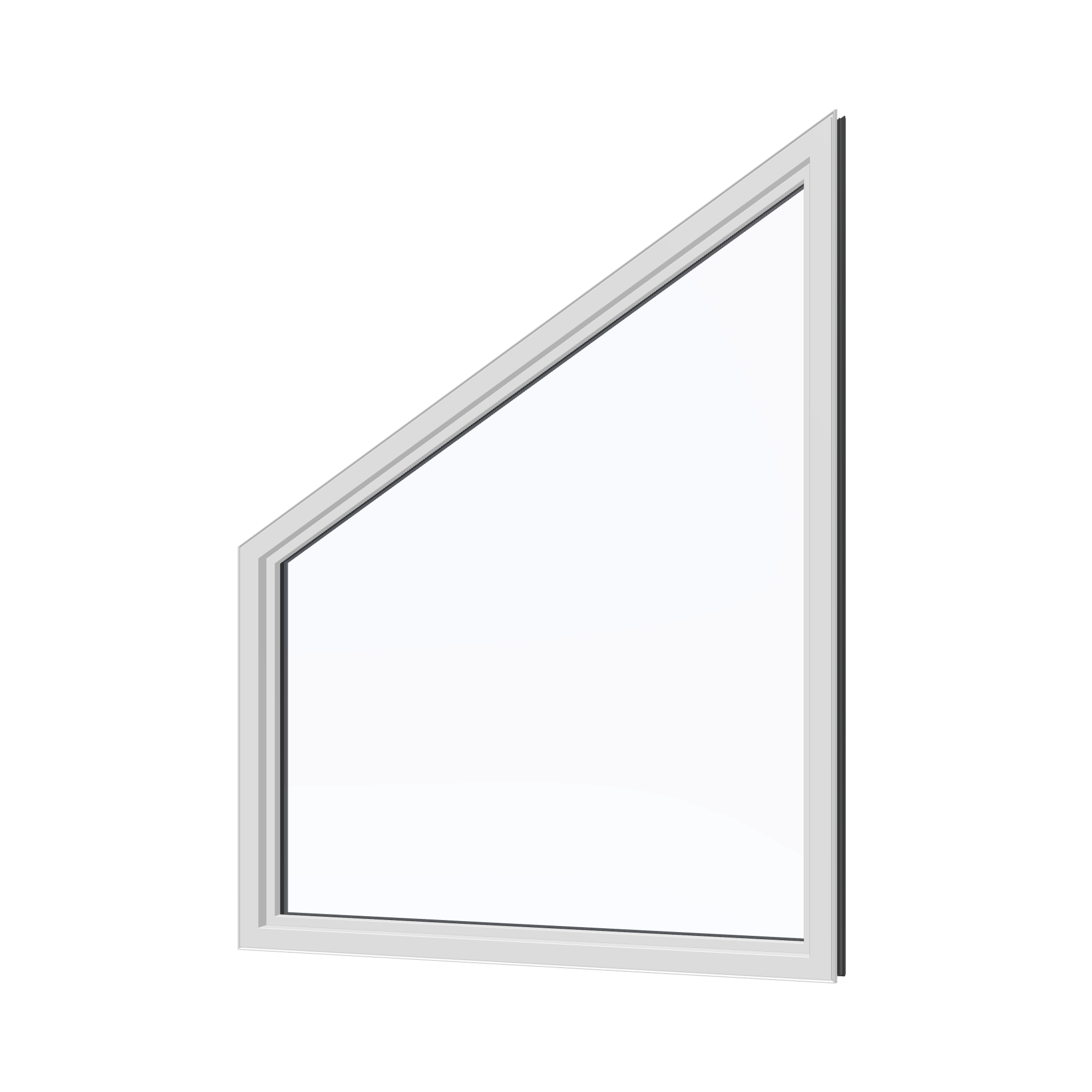 Angled interior view of the 36 × 48 inch trapezoid (right), black exterior / white interior, without nailing flange