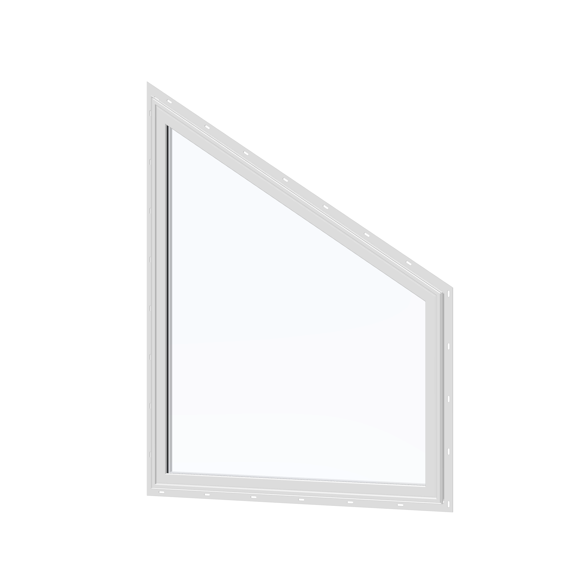 Angled exterior view of the 36 × 48 inch trapezoid (right), white exterior / white interior, with nailing flange