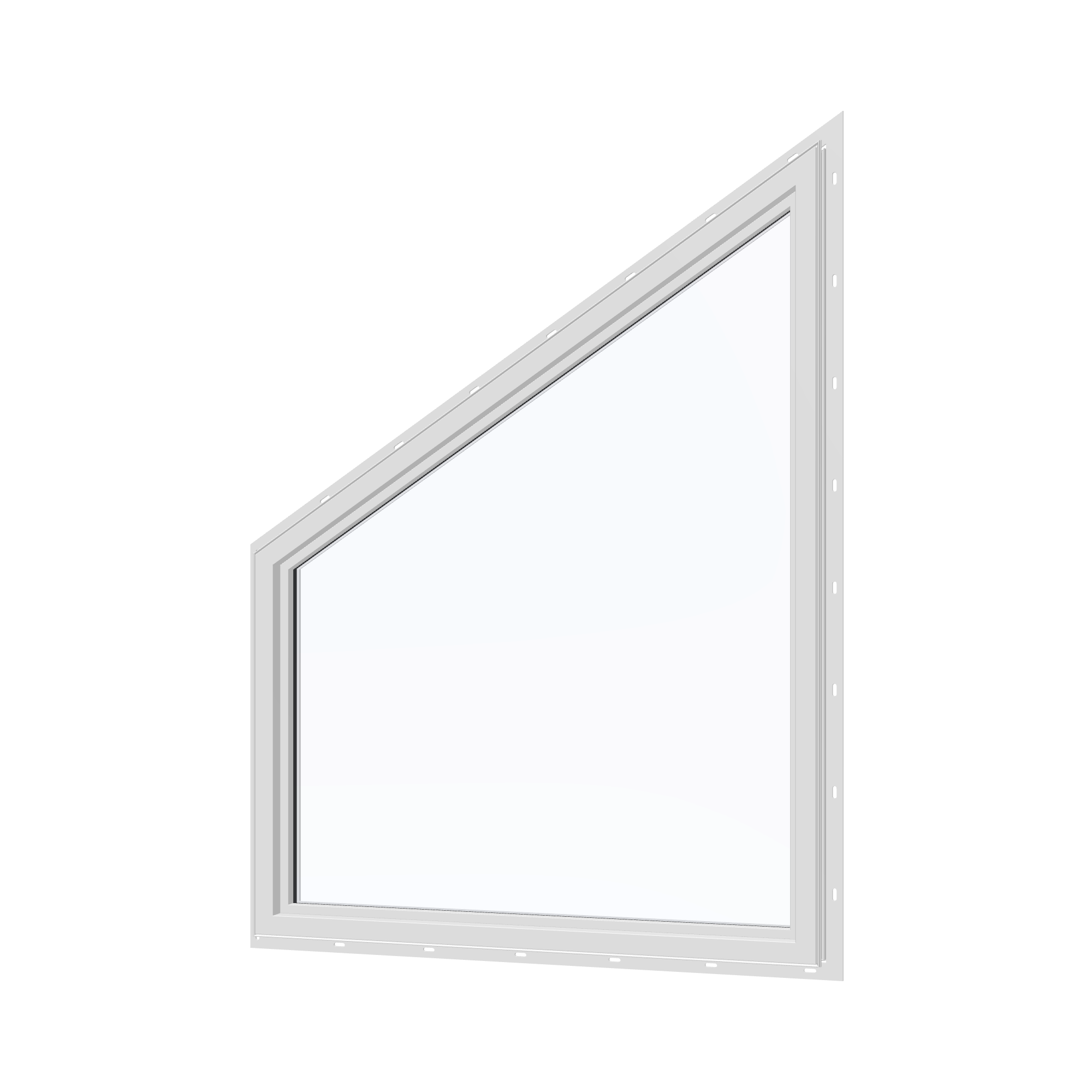 Angled interior view of the 36 × 48 inch trapezoid (right), white exterior / white interior, with nailing flange