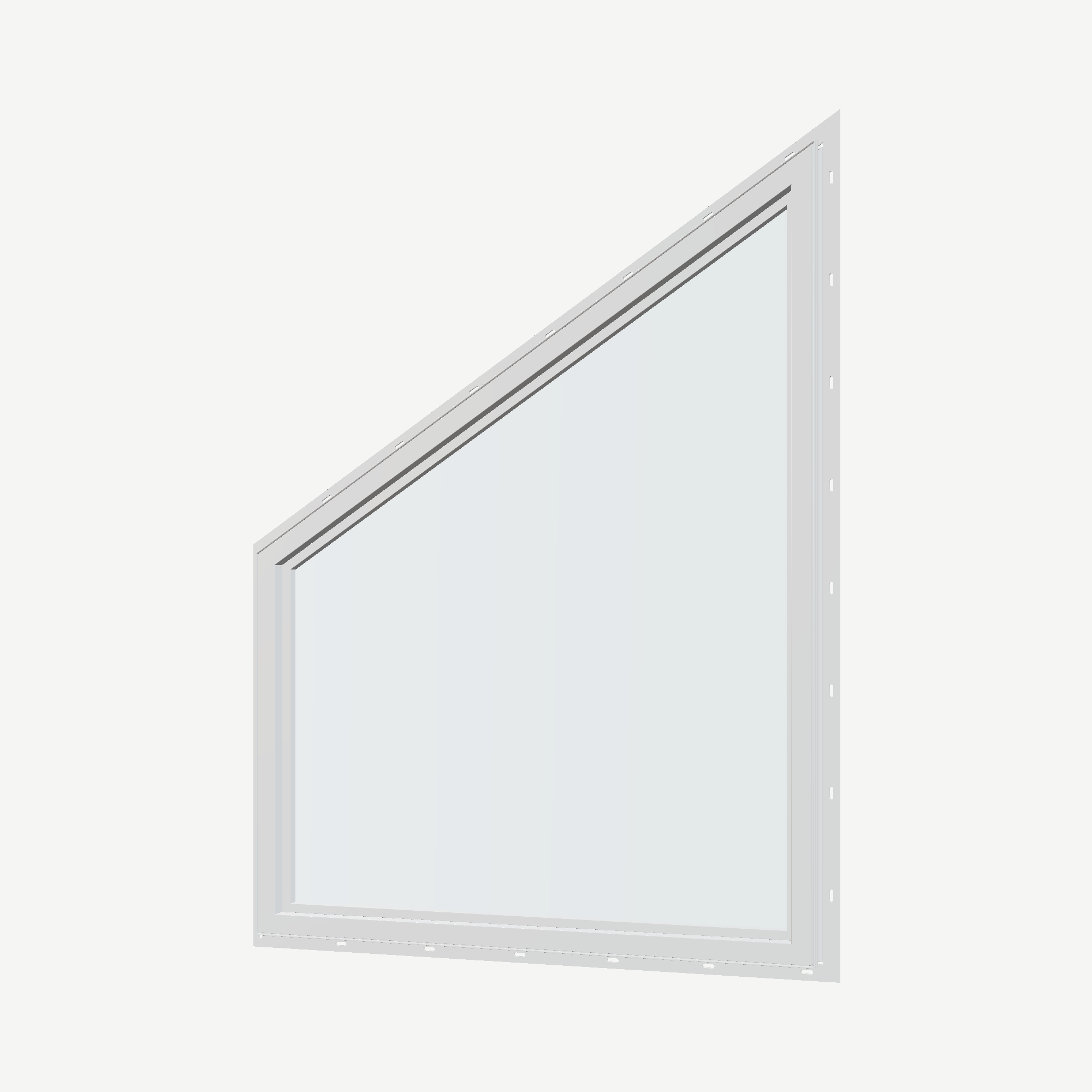 Angled interior view of the 36 × 48 inch trapezoid (right), white exterior / white interior, with nailing flange