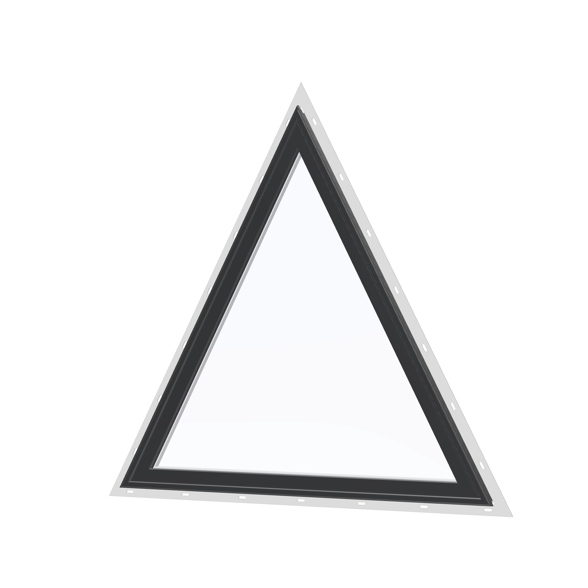 Angled exterior view of the 36 × 36 inch triangle, black exterior / white interior, with nailing flange