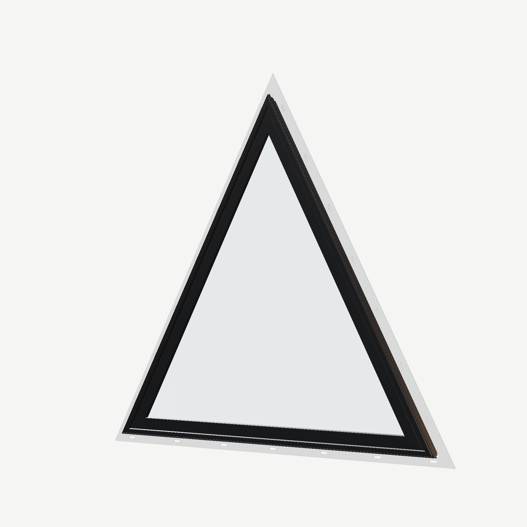 Angled exterior view of the 36 × 36 inch triangle, black exterior / white interior, with nailing flange