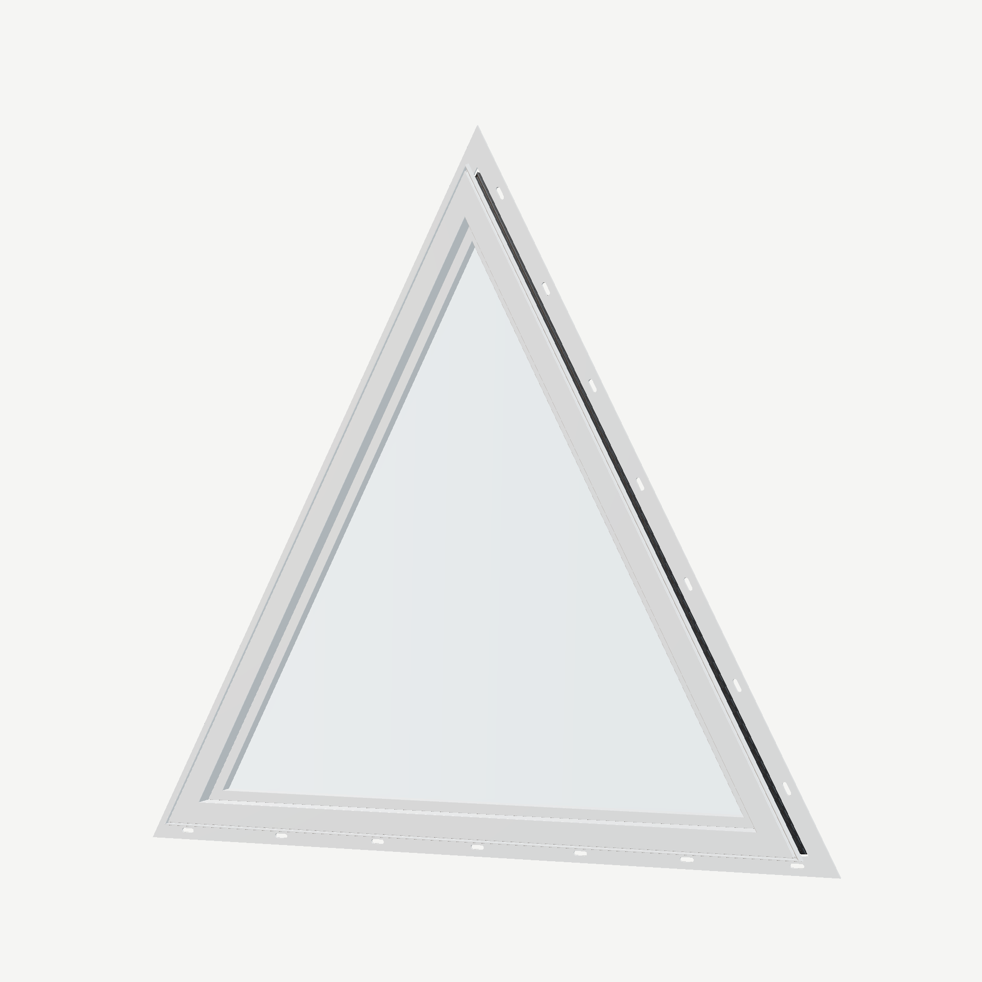 Angled interior view of the 36 × 36 inch triangle, black exterior / white interior, with nailing flange