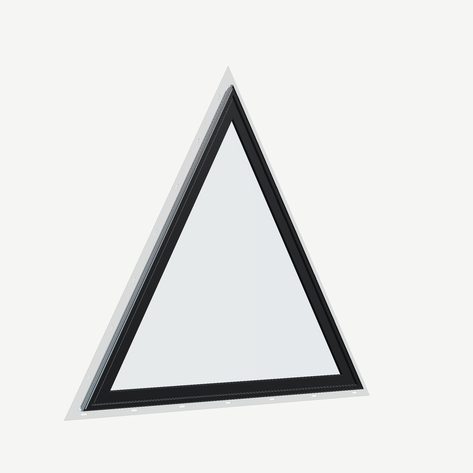 Opposite exterior angle of the 36 × 36 inch triangle, black exterior / white interior, with nailing flange