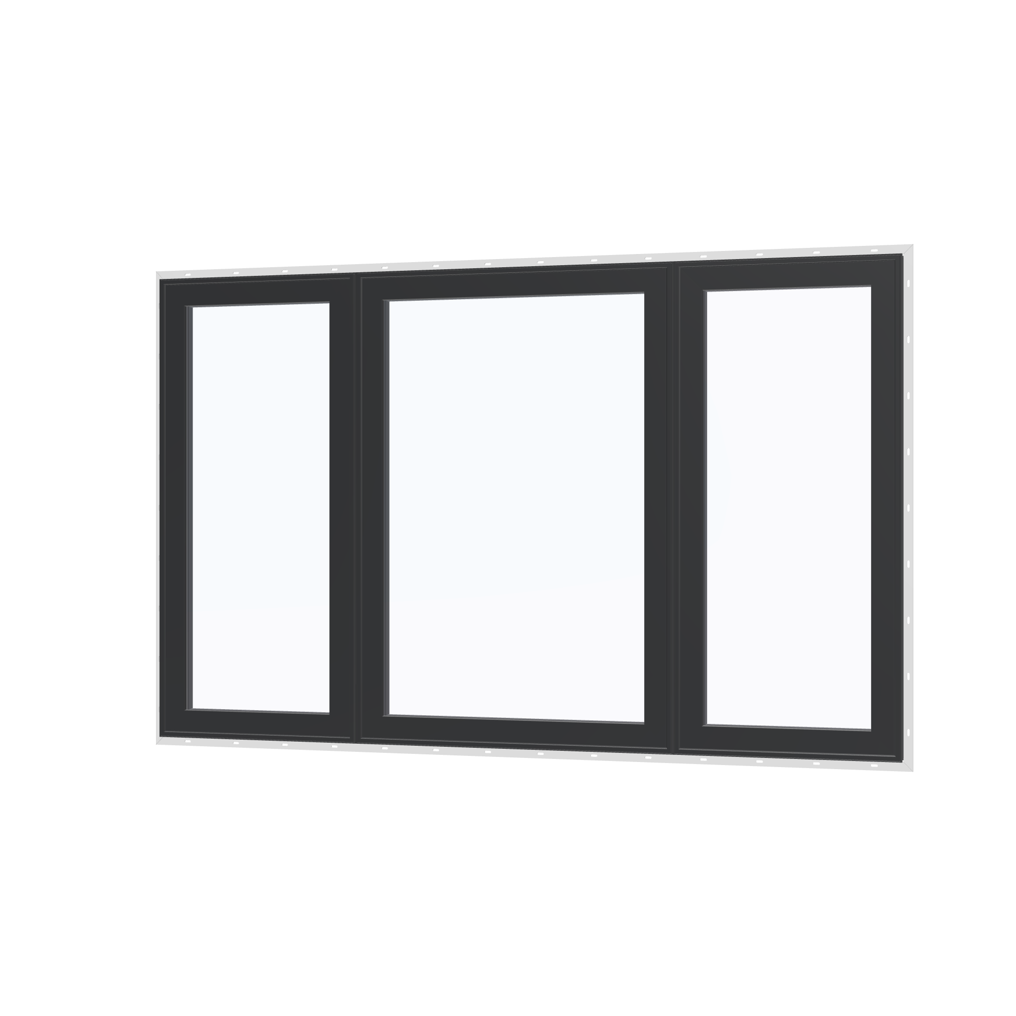 Angled exterior view of the 84 × 52 inch triple casement–fixed combination, black exterior / black interior, with nailing flange