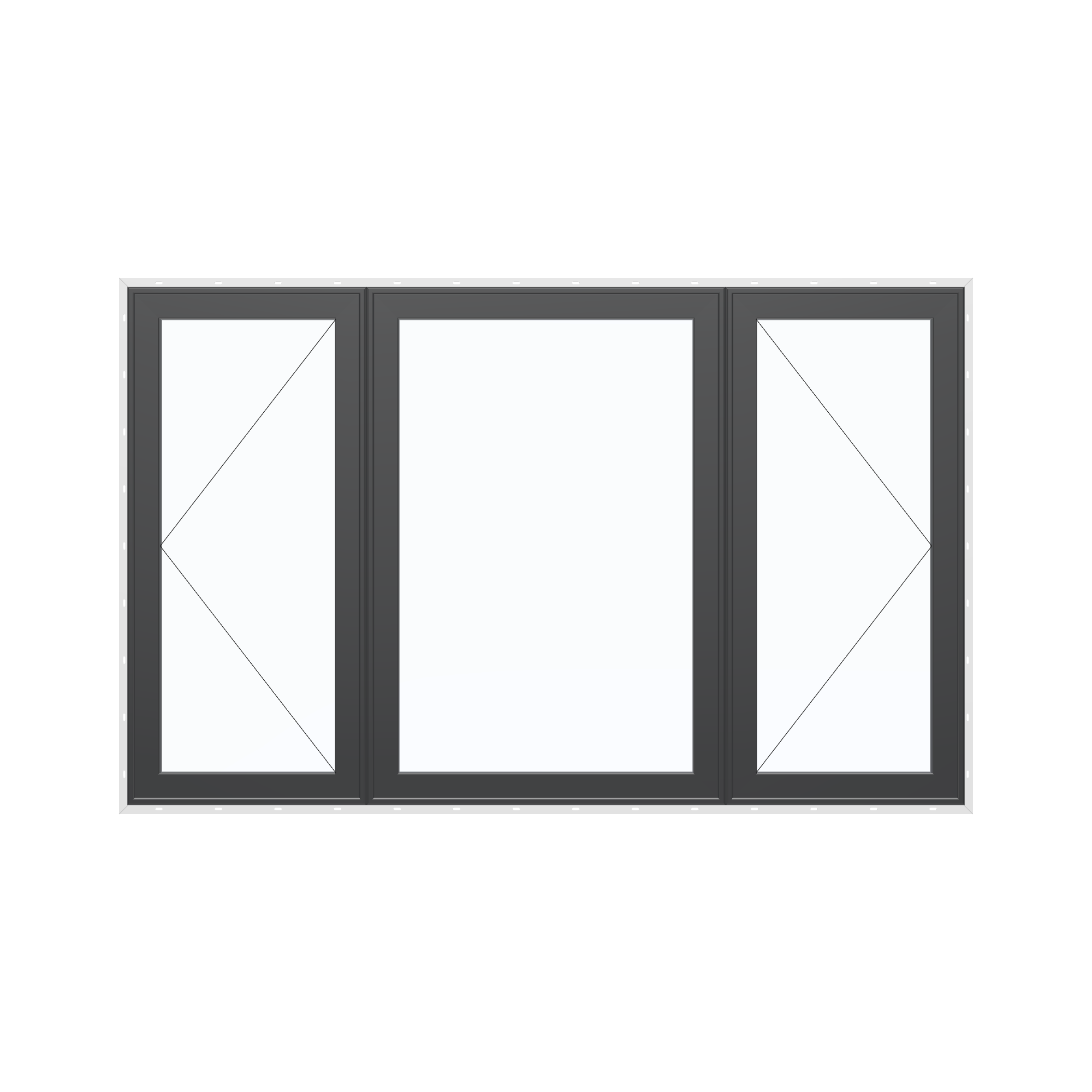 Straight exterior view of the 84 × 52 inch triple casement–fixed combination, black exterior / black interior, with nailing flange
