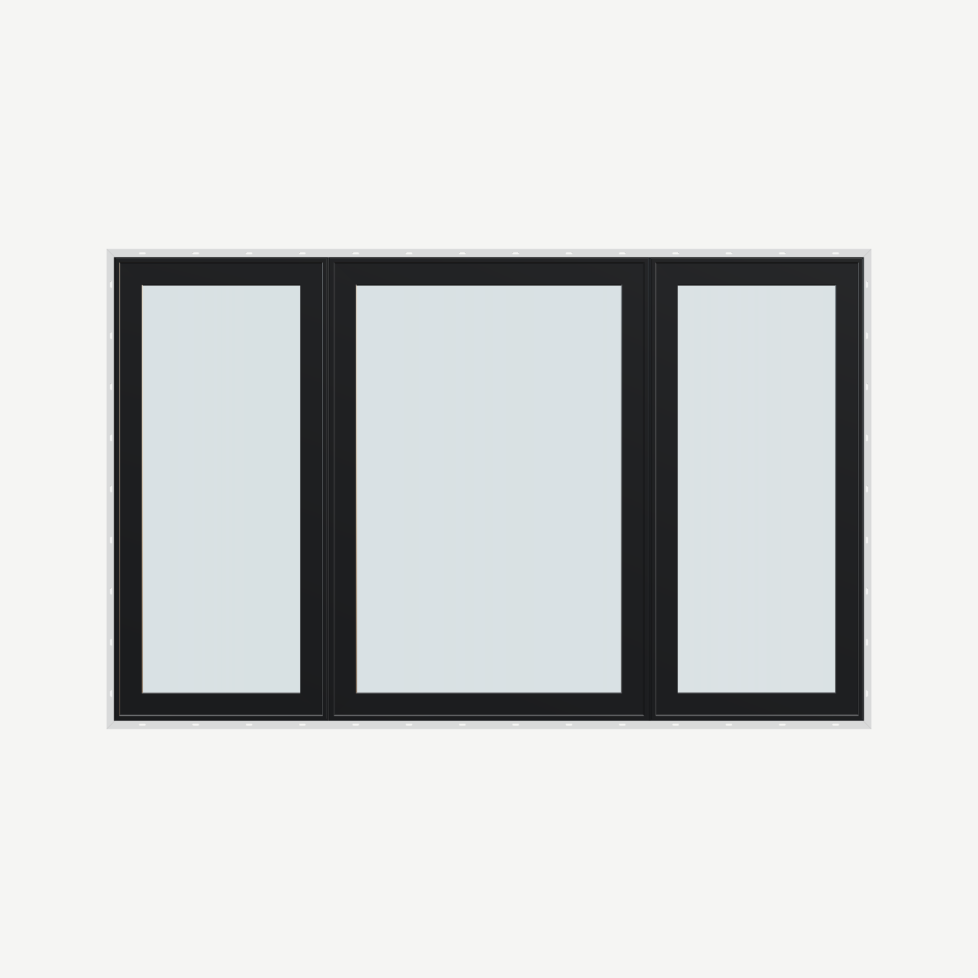 Straight exterior view of the 84 × 52 inch triple casement–fixed combination, black exterior / black interior, with nailing flange