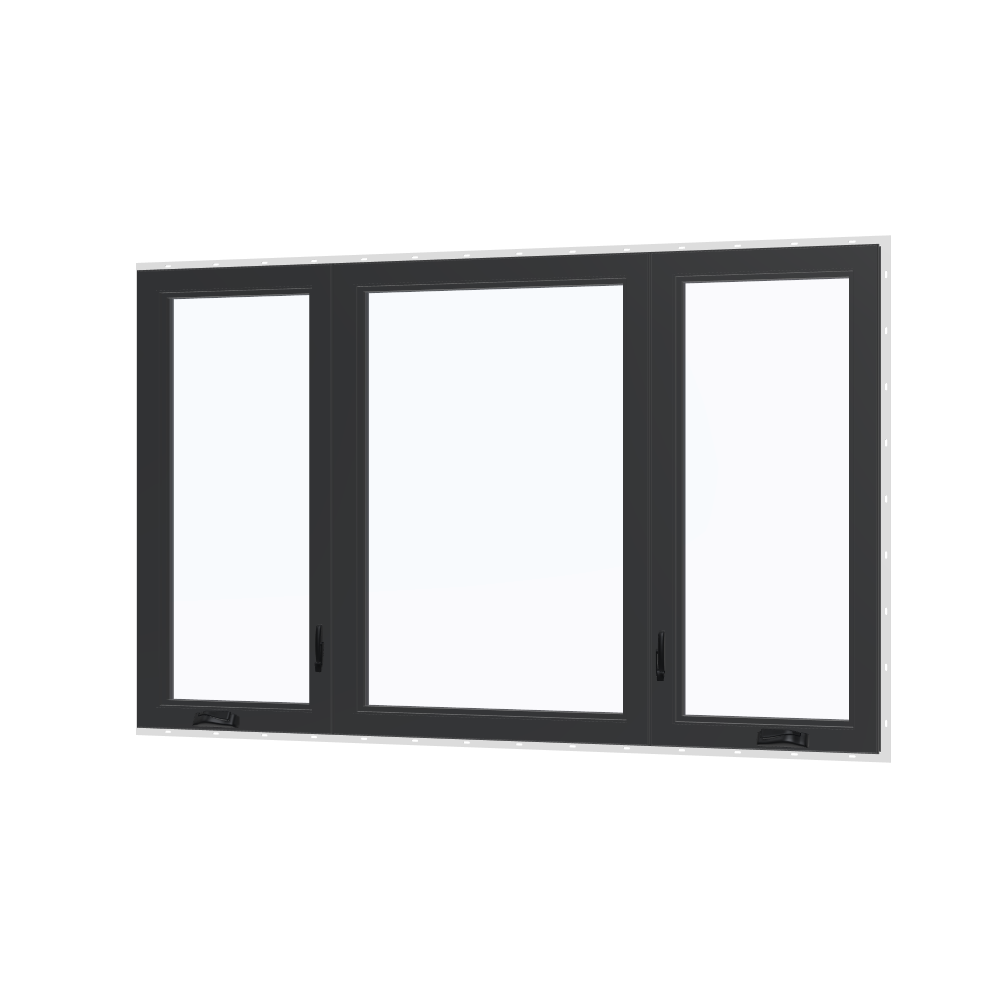 Angled interior view of the 84 × 52 inch triple casement–fixed combination, black exterior / black interior, with nailing flange