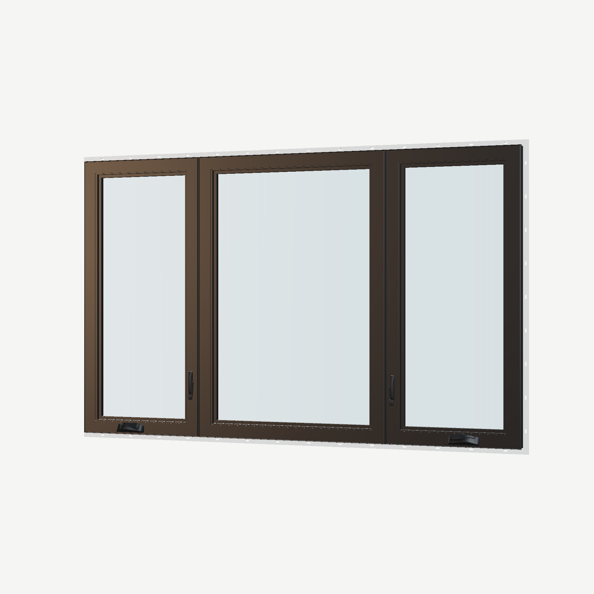 Angled interior view of the 84 × 52 inch triple casement–fixed combination, black exterior / black interior, with nailing flange