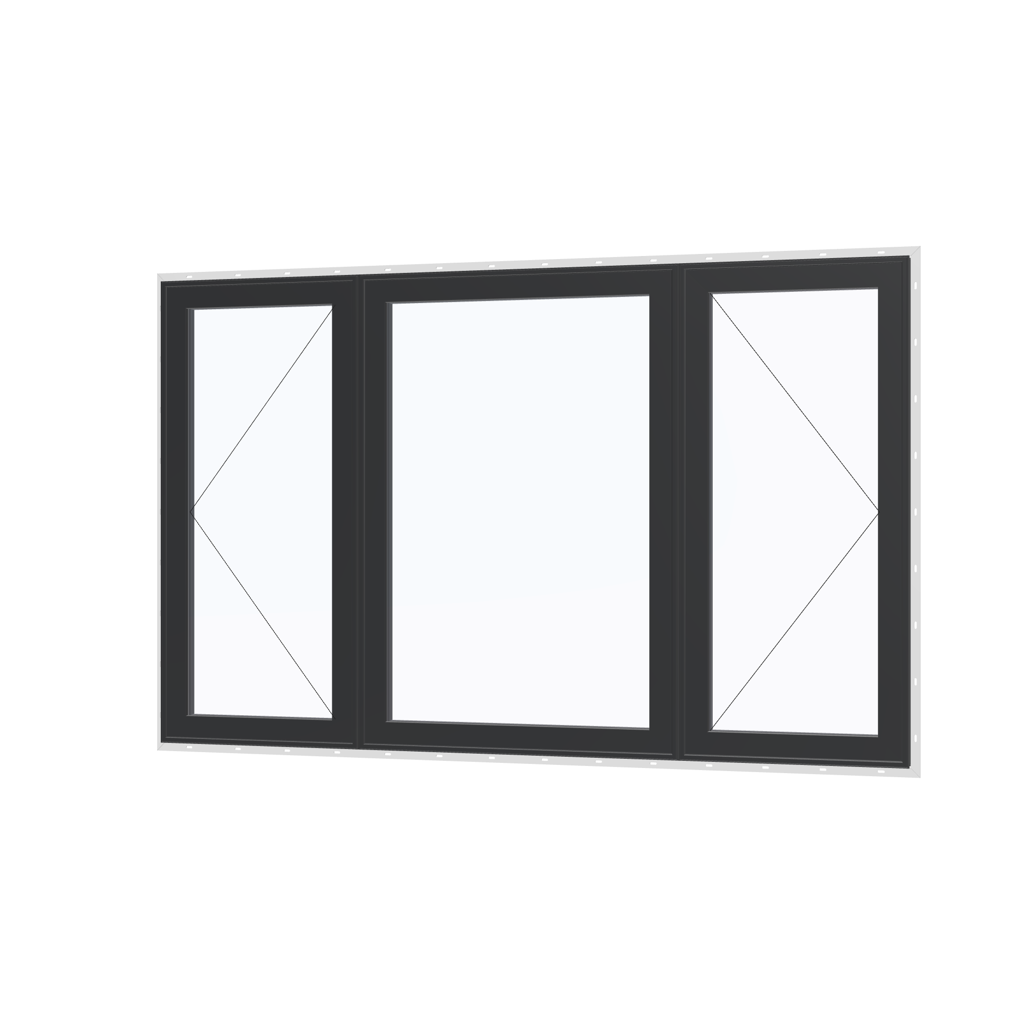 Angled exterior view with opening symbols of the 84 × 52 inch triple casement–fixed combination, black exterior / black interior, with nailing flange