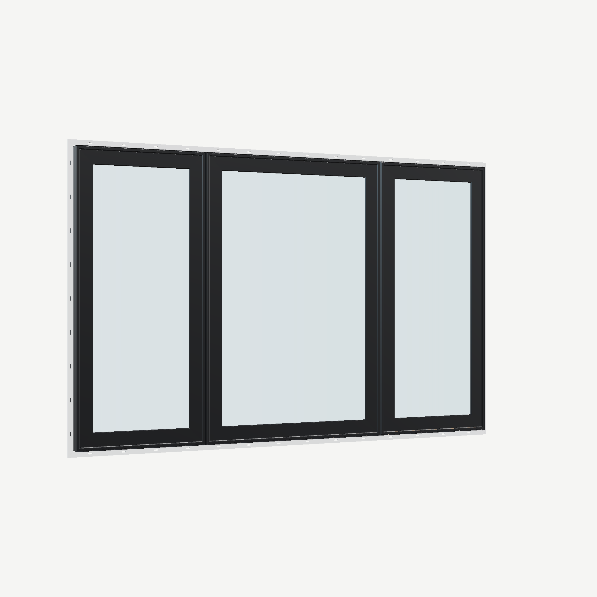 Opposite exterior angle of the 84 × 52 inch triple casement–fixed combination, black exterior / black interior, with nailing flange