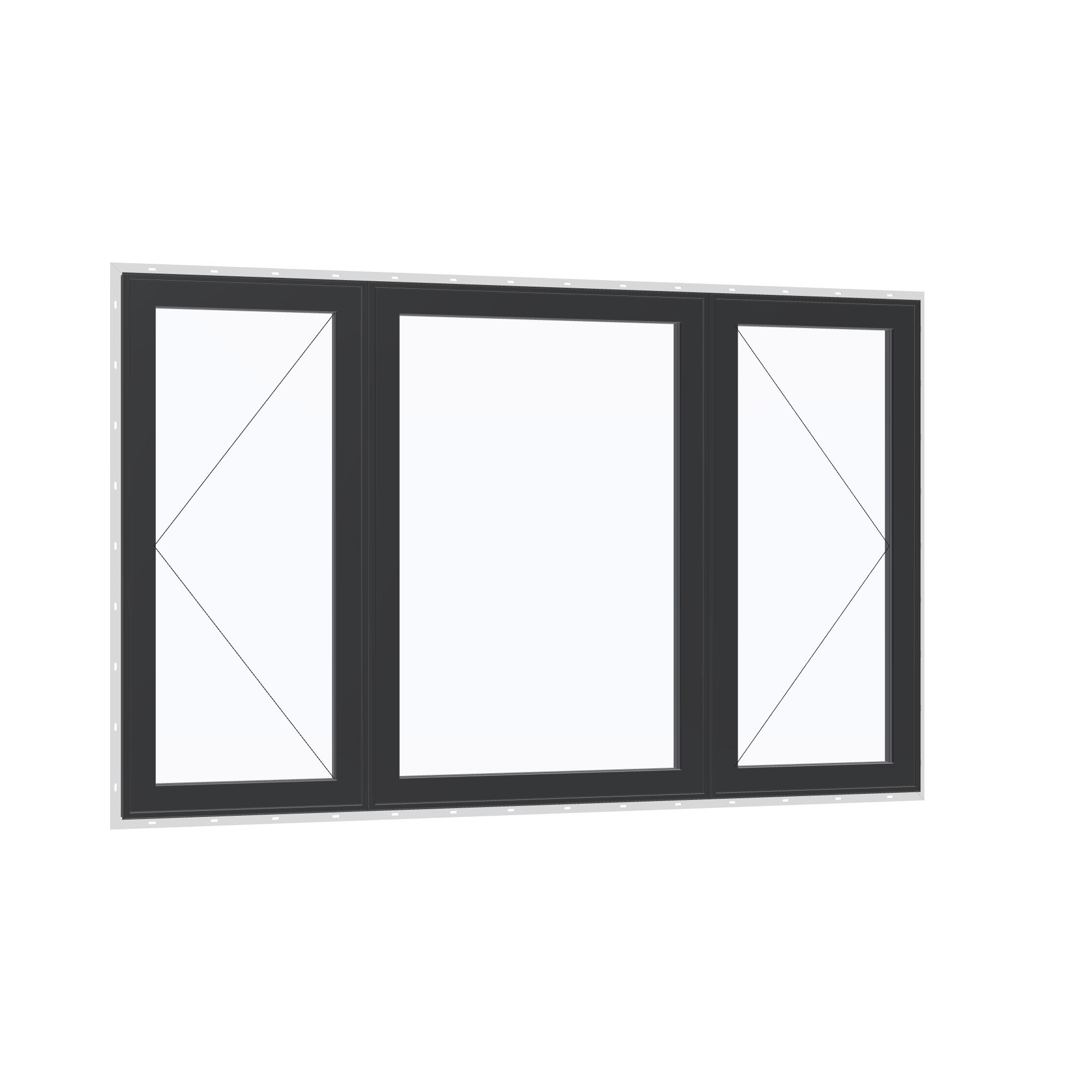 Opposite exterior angle of the 84 × 52 inch triple casement–fixed combination, black exterior / black interior, with nailing flange