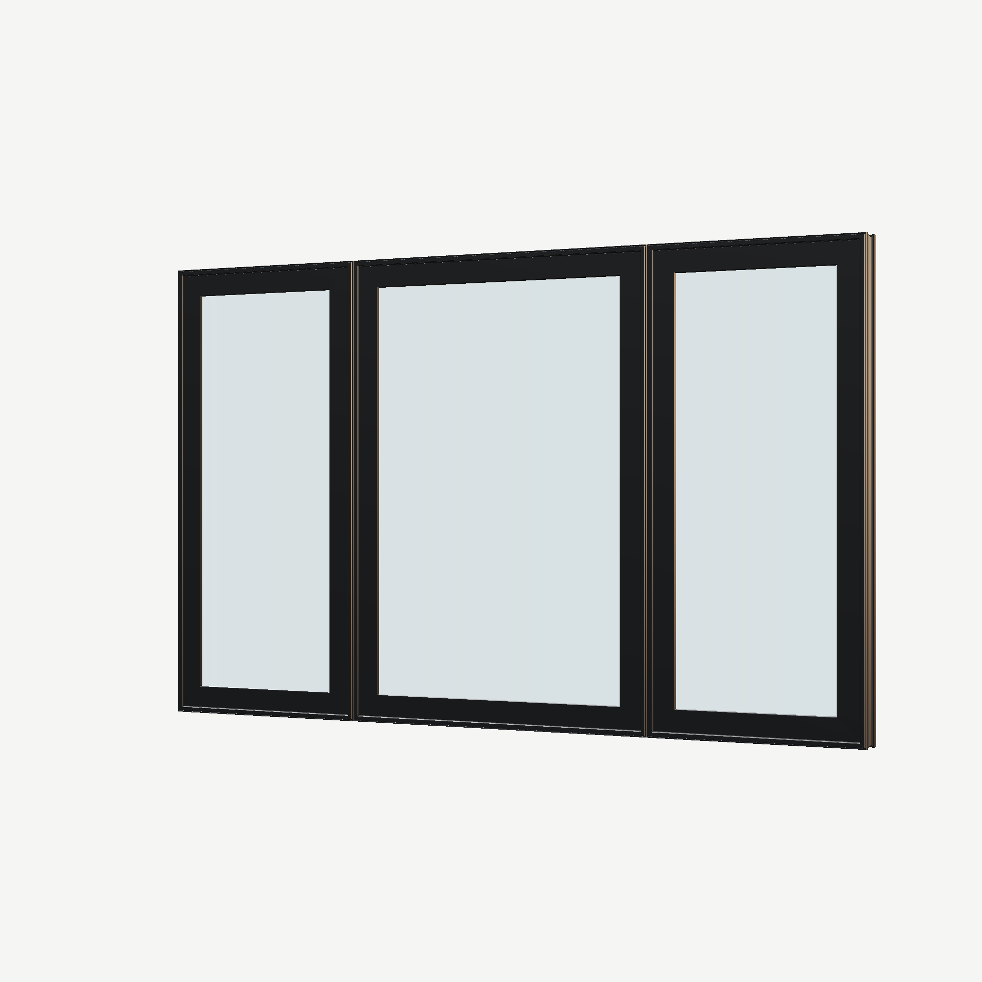 Angled exterior view of the 84 × 52 inch triple casement–fixed combination, black exterior / black interior, without nailing flange