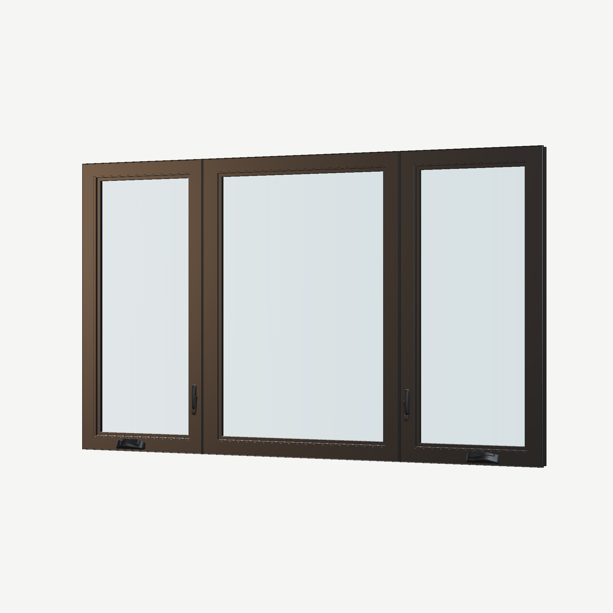 Angled interior view of the 84 × 52 inch triple casement–fixed combination, black exterior / black interior, without nailing flange