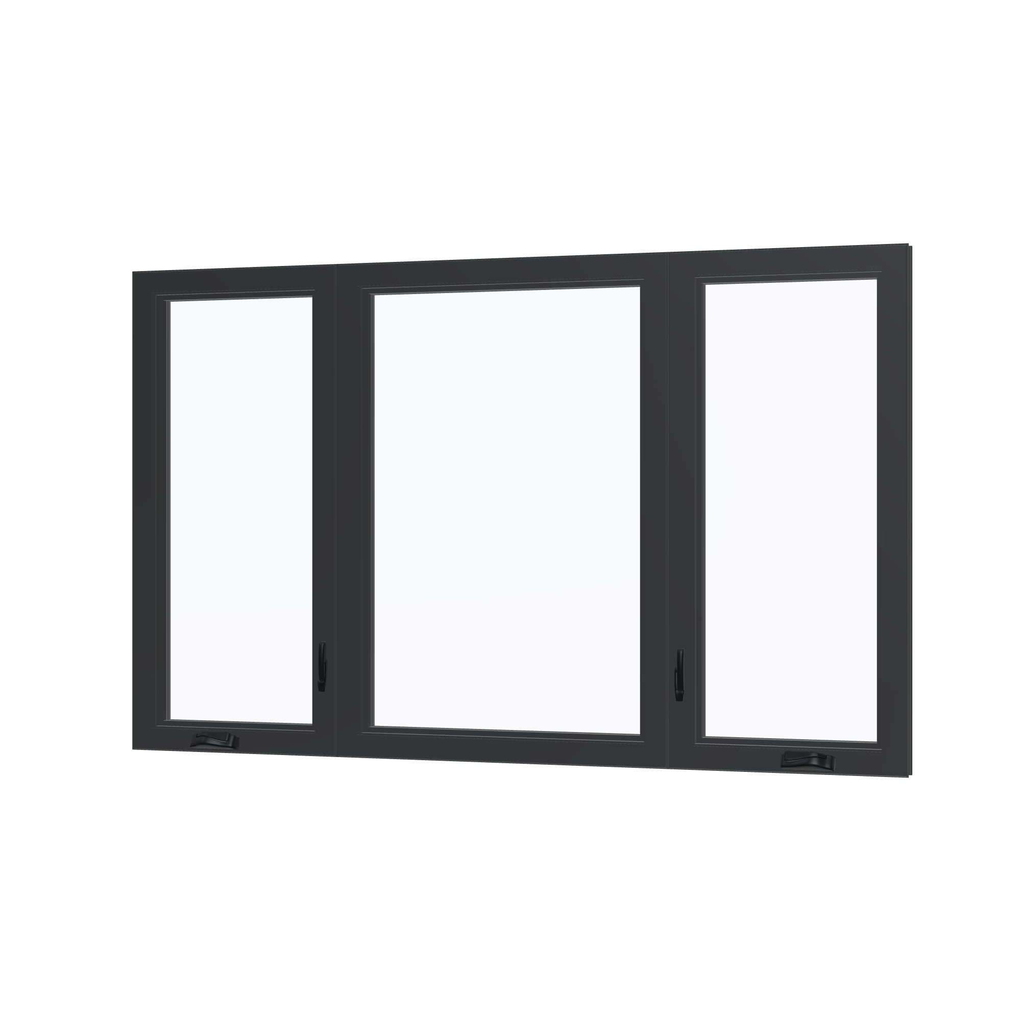 Angled interior view of the 84 × 52 inch triple casement–fixed combination, black exterior / black interior, without nailing flange