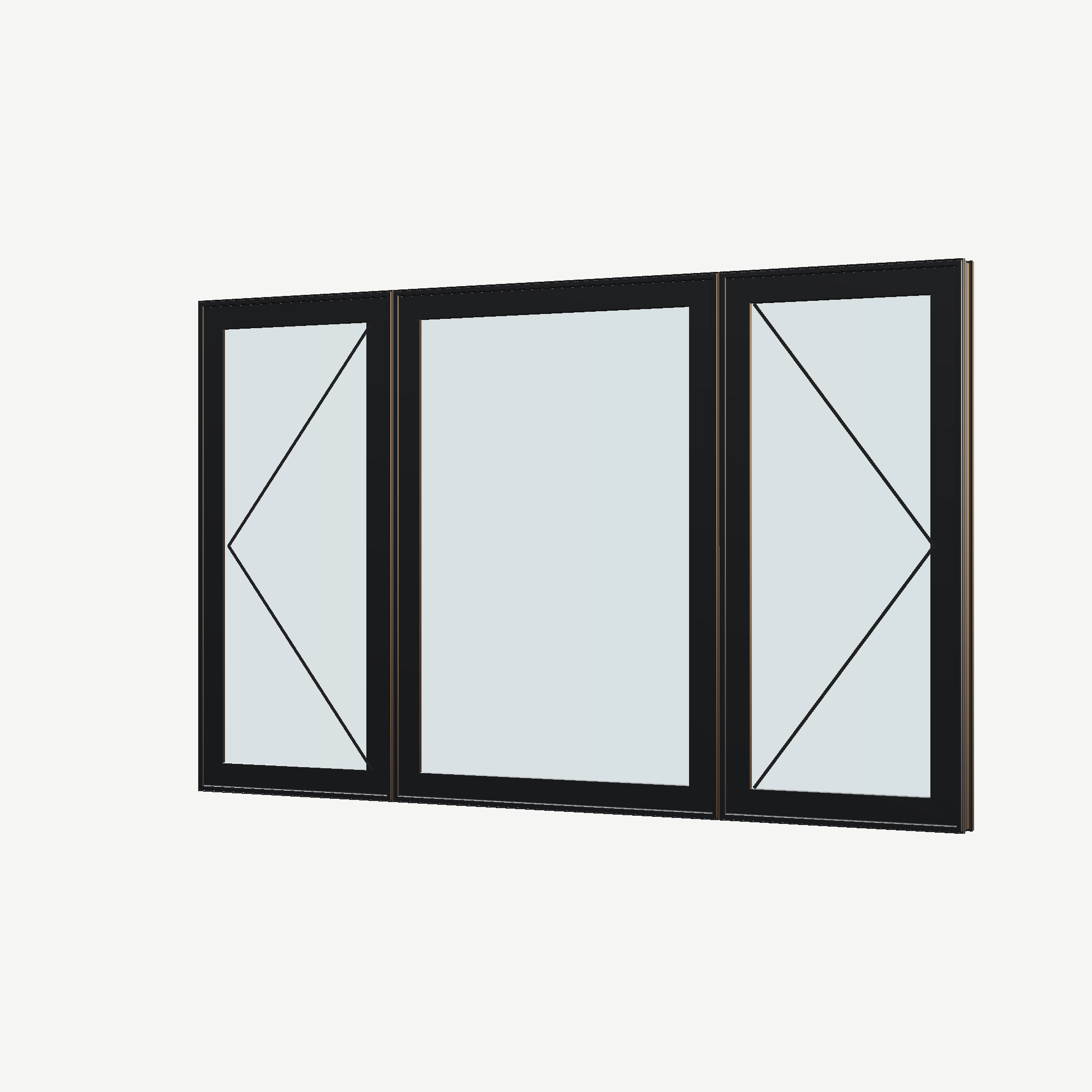 Angled exterior view with opening symbols of the 84 × 52 inch triple casement–fixed combination, black exterior / black interior, without nailing flange