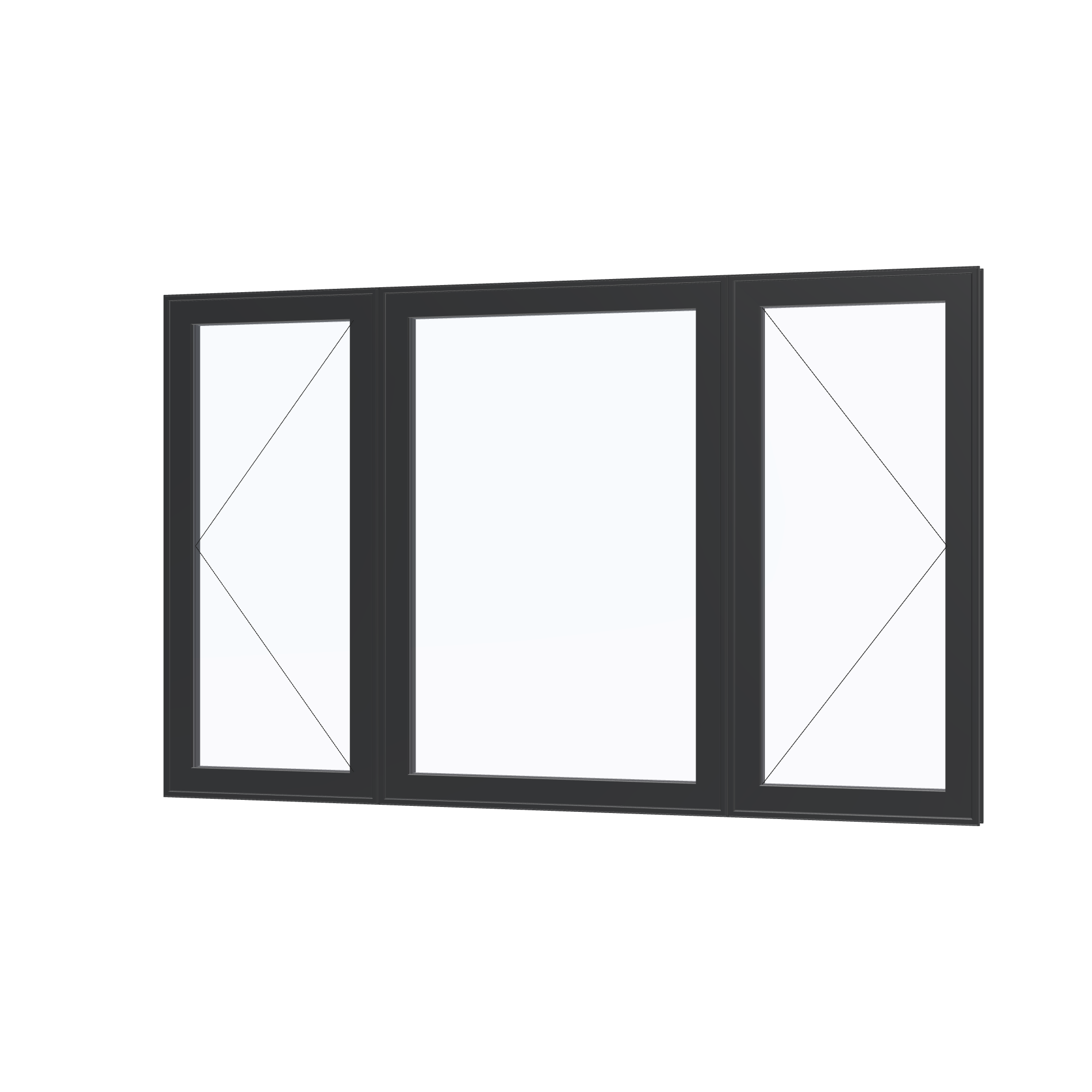 Angled exterior view with opening symbols of the 84 × 52 inch triple casement–fixed combination, black exterior / black interior, without nailing flange