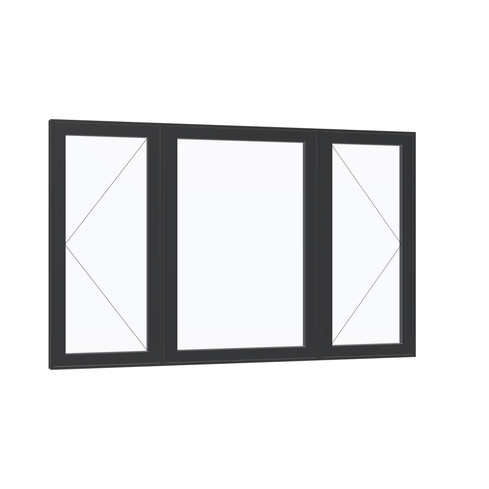 Opposite exterior angle of the 84 × 52 inch triple casement–fixed combination, black exterior / black interior, without nailing flange