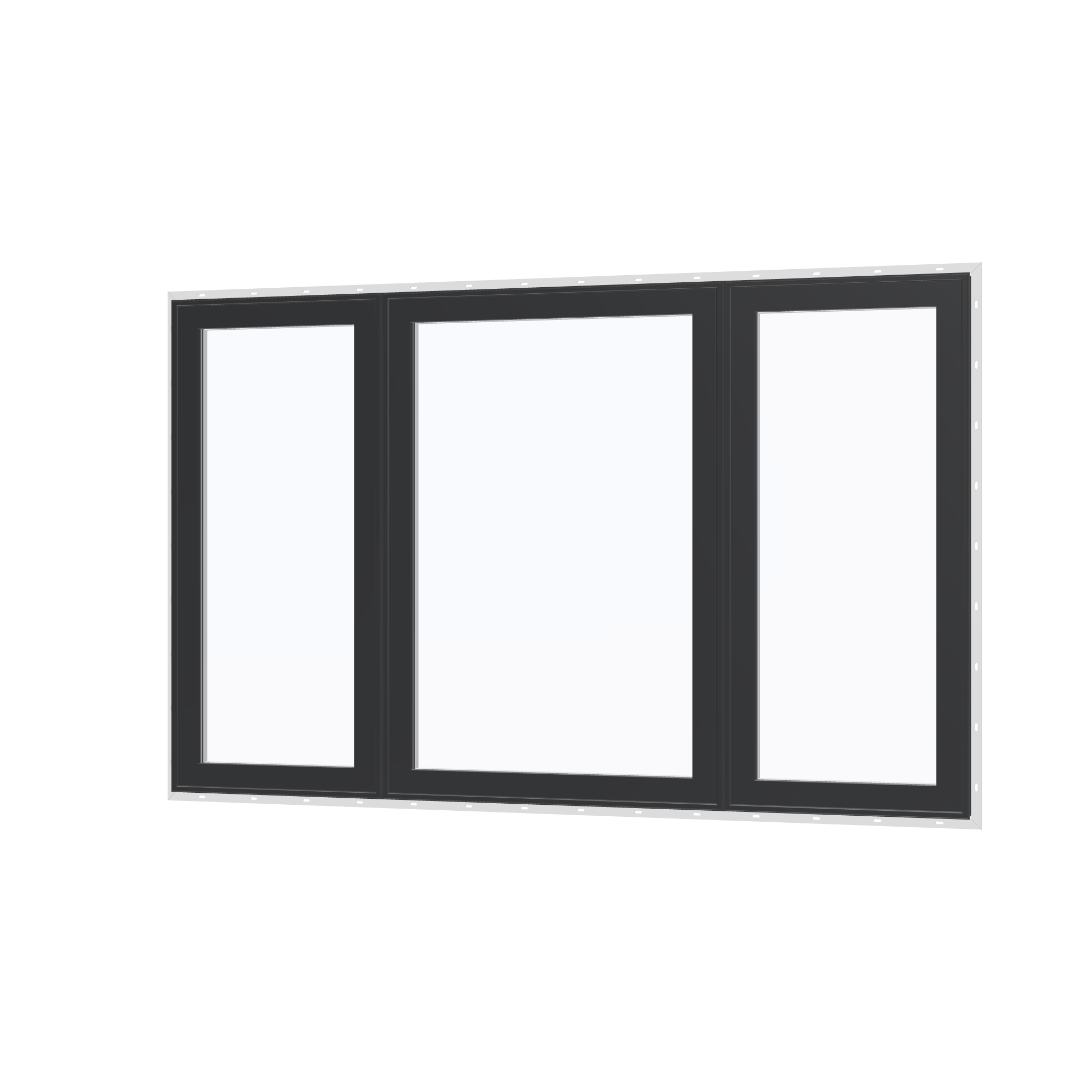 Angled exterior view of the 84 × 52 inch triple casement–fixed combination, black exterior / white interior, with nailing flange