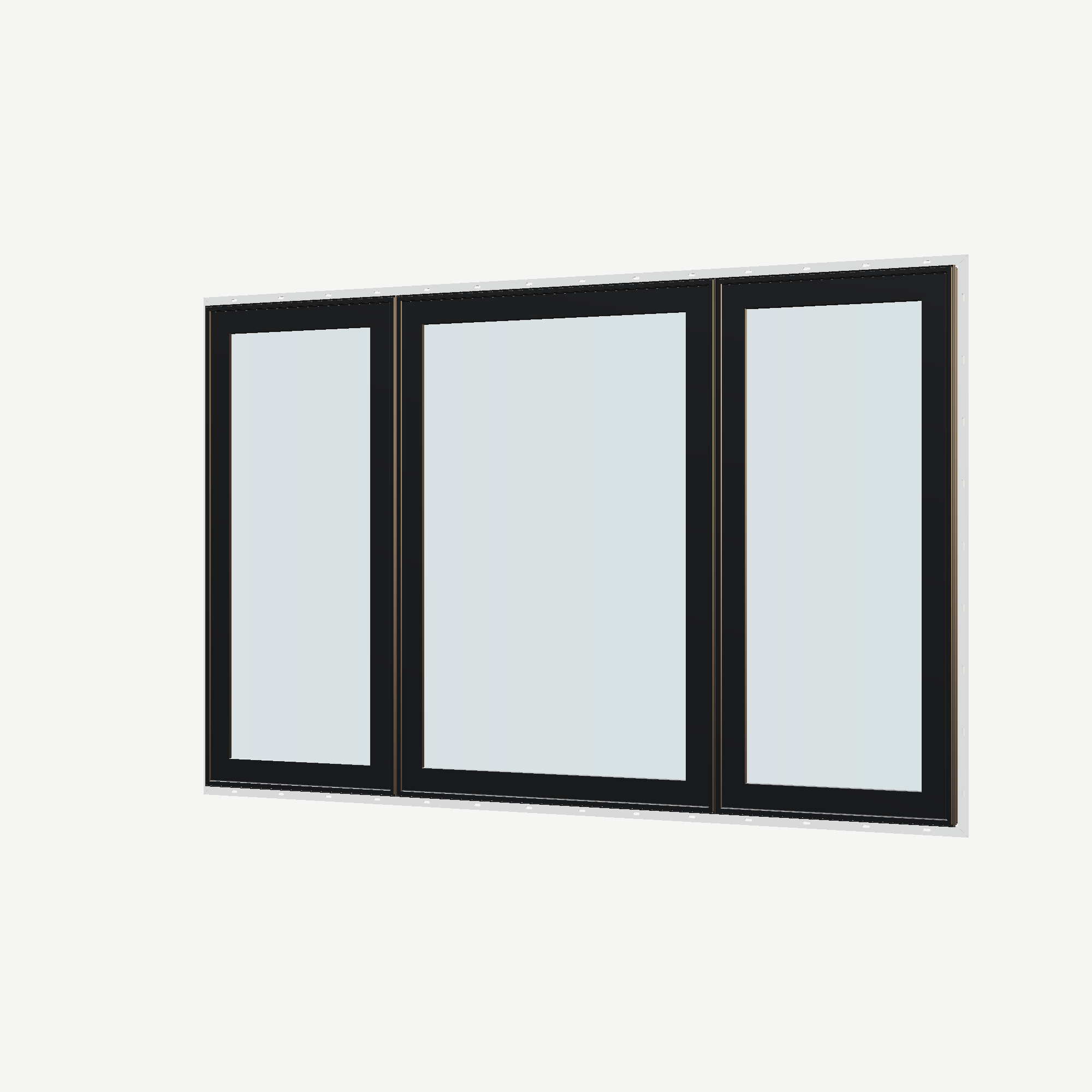Angled exterior view of the 84 × 52 inch triple casement–fixed combination, black exterior / white interior, with nailing flange