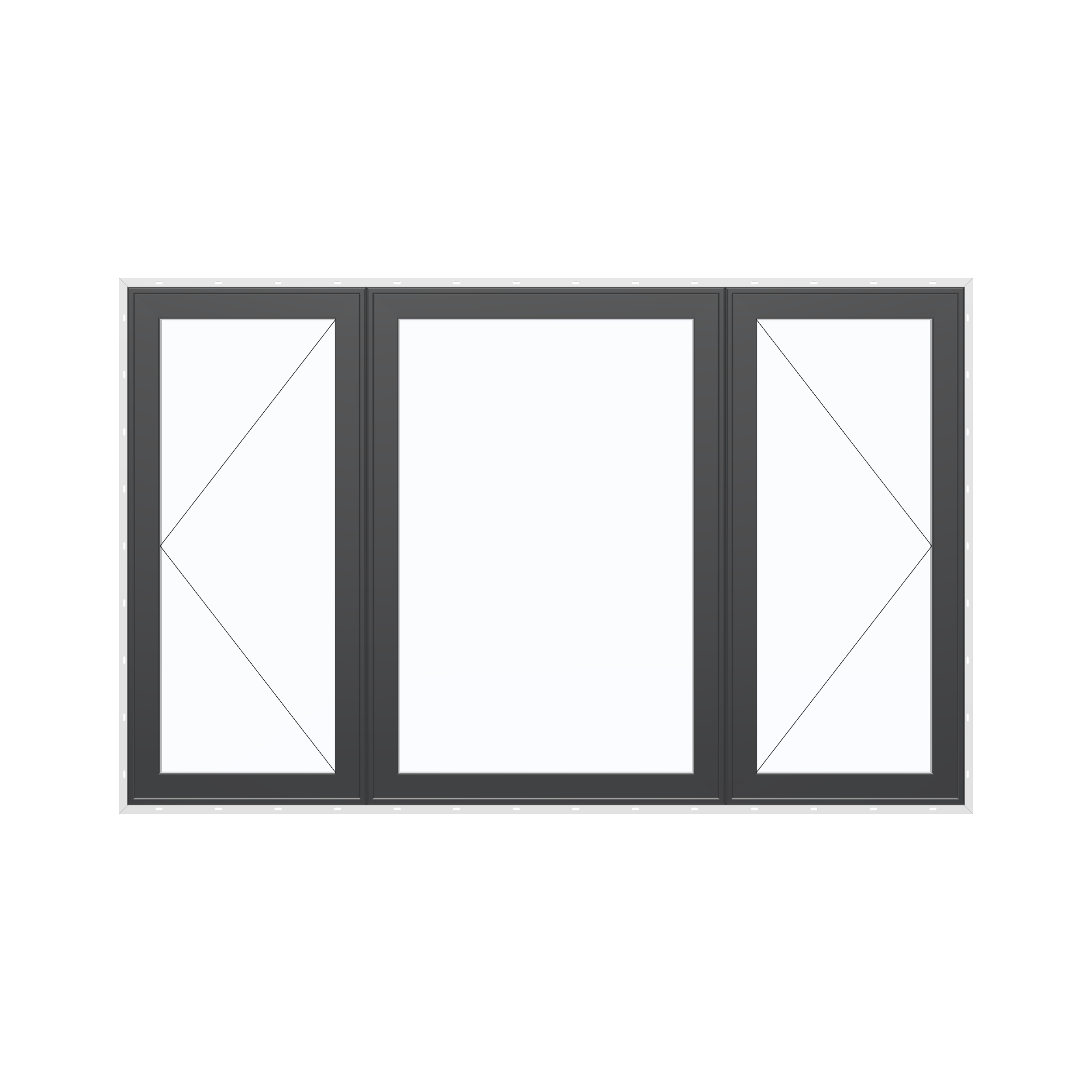 Straight exterior view of the 84 × 52 inch triple casement–fixed combination, black exterior / white interior, with nailing flange