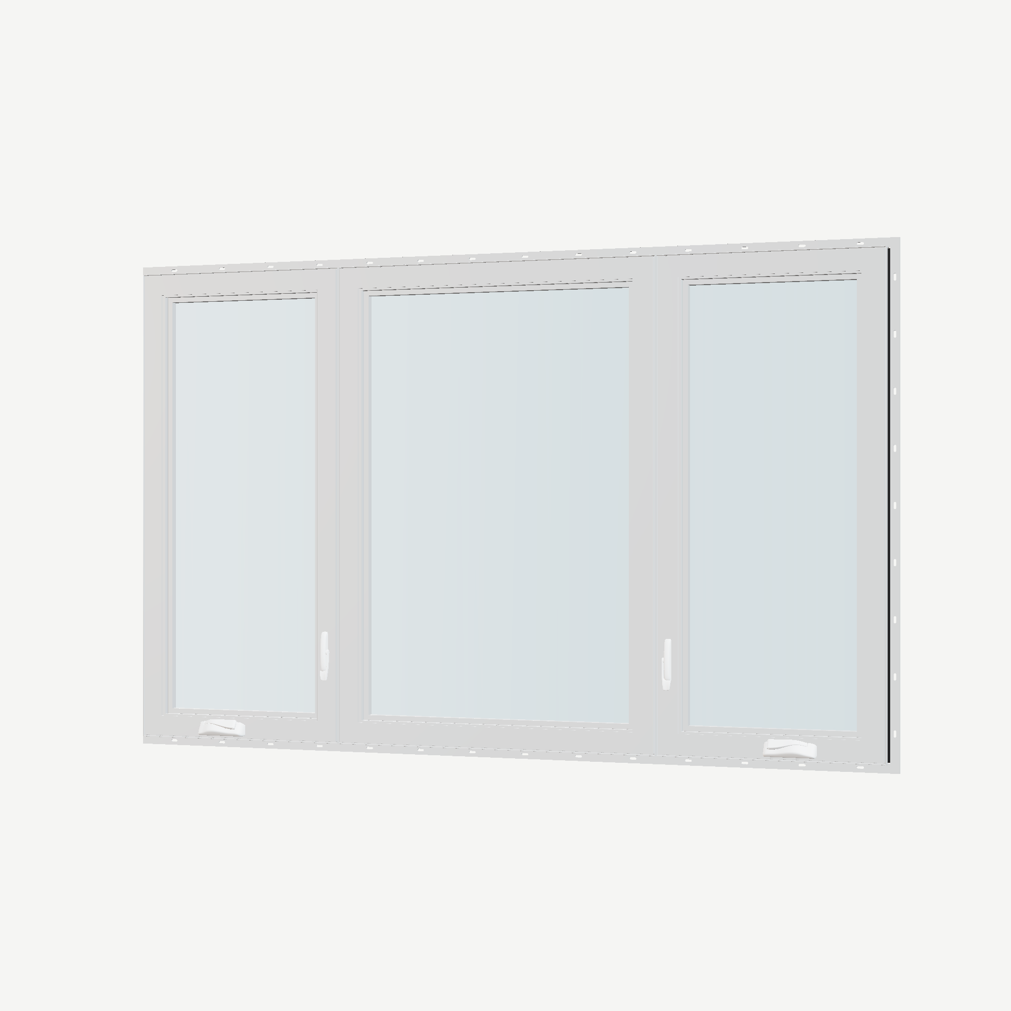 Angled interior view of the 84 × 52 inch triple casement–fixed combination, black exterior / white interior, with nailing flange