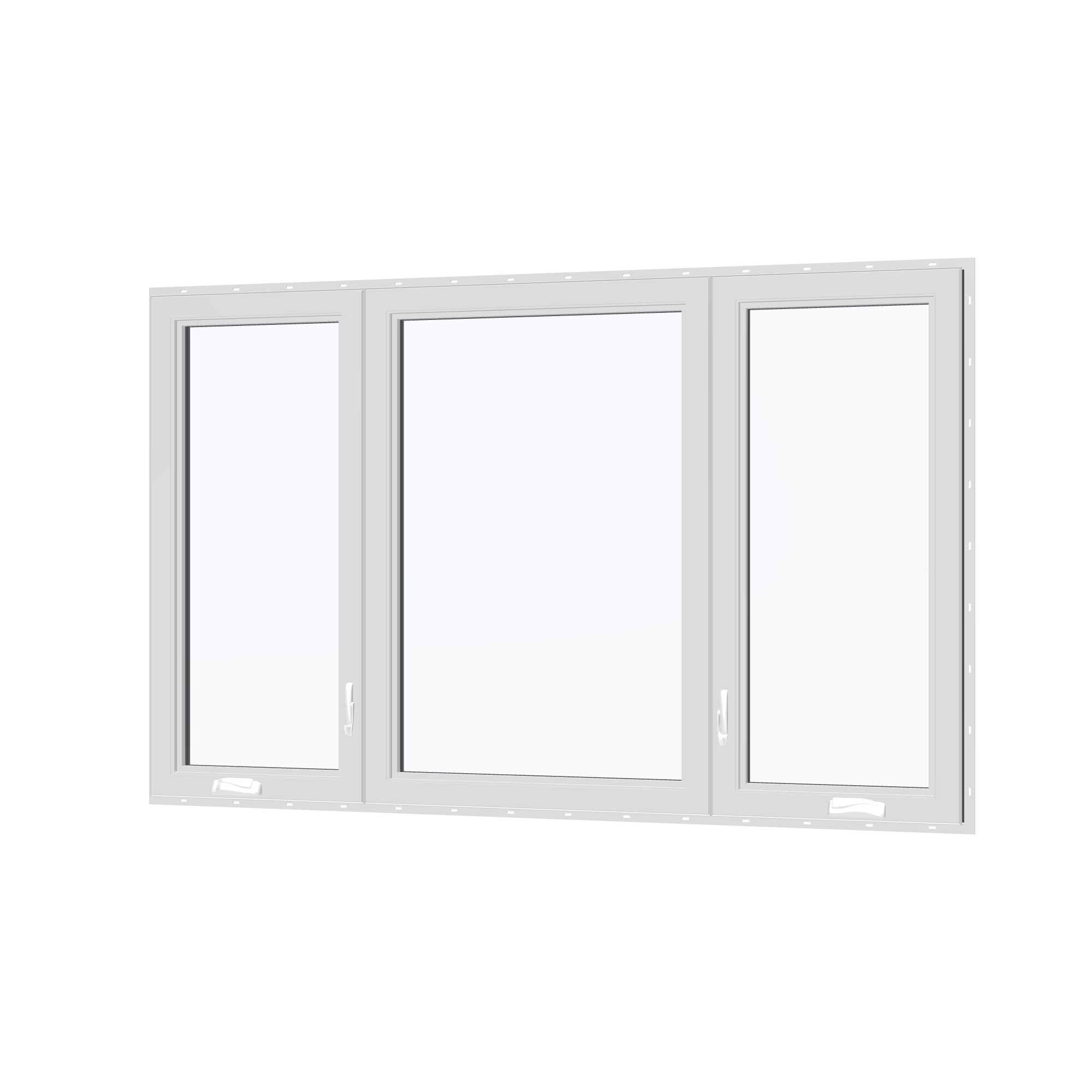 Angled interior view of the 84 × 52 inch triple casement–fixed combination, black exterior / white interior, with nailing flange