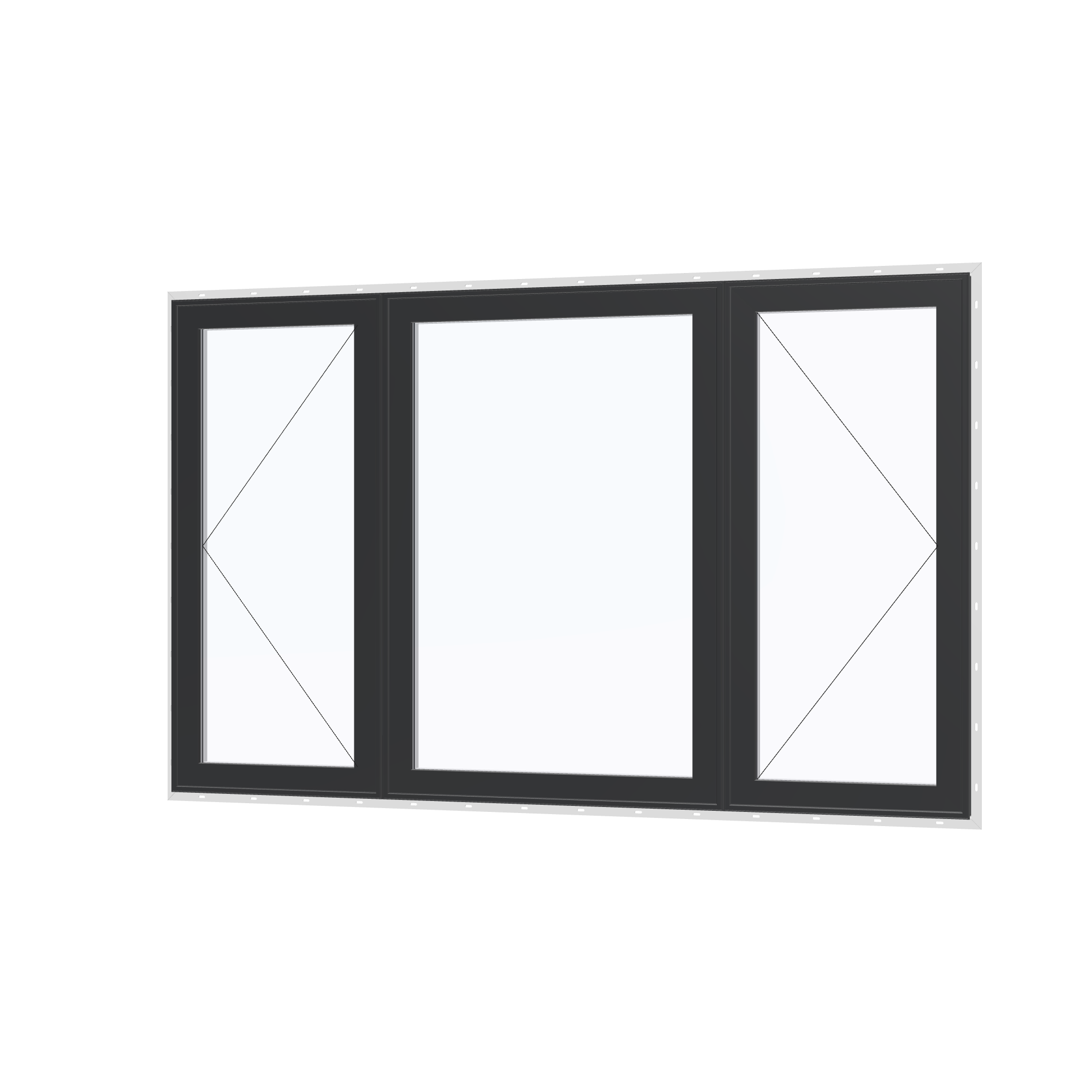 Angled exterior view with opening symbols of the 84 × 52 inch triple casement–fixed combination, black exterior / white interior, with nailing flange