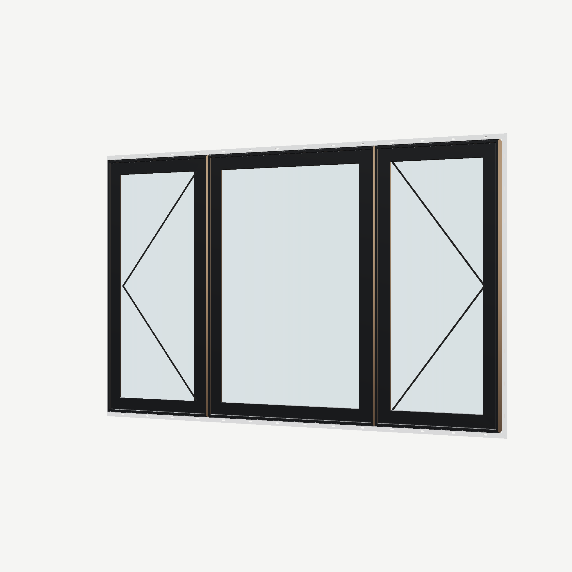 Angled exterior view with opening symbols of the 84 × 52 inch triple casement–fixed combination, black exterior / white interior, with nailing flange