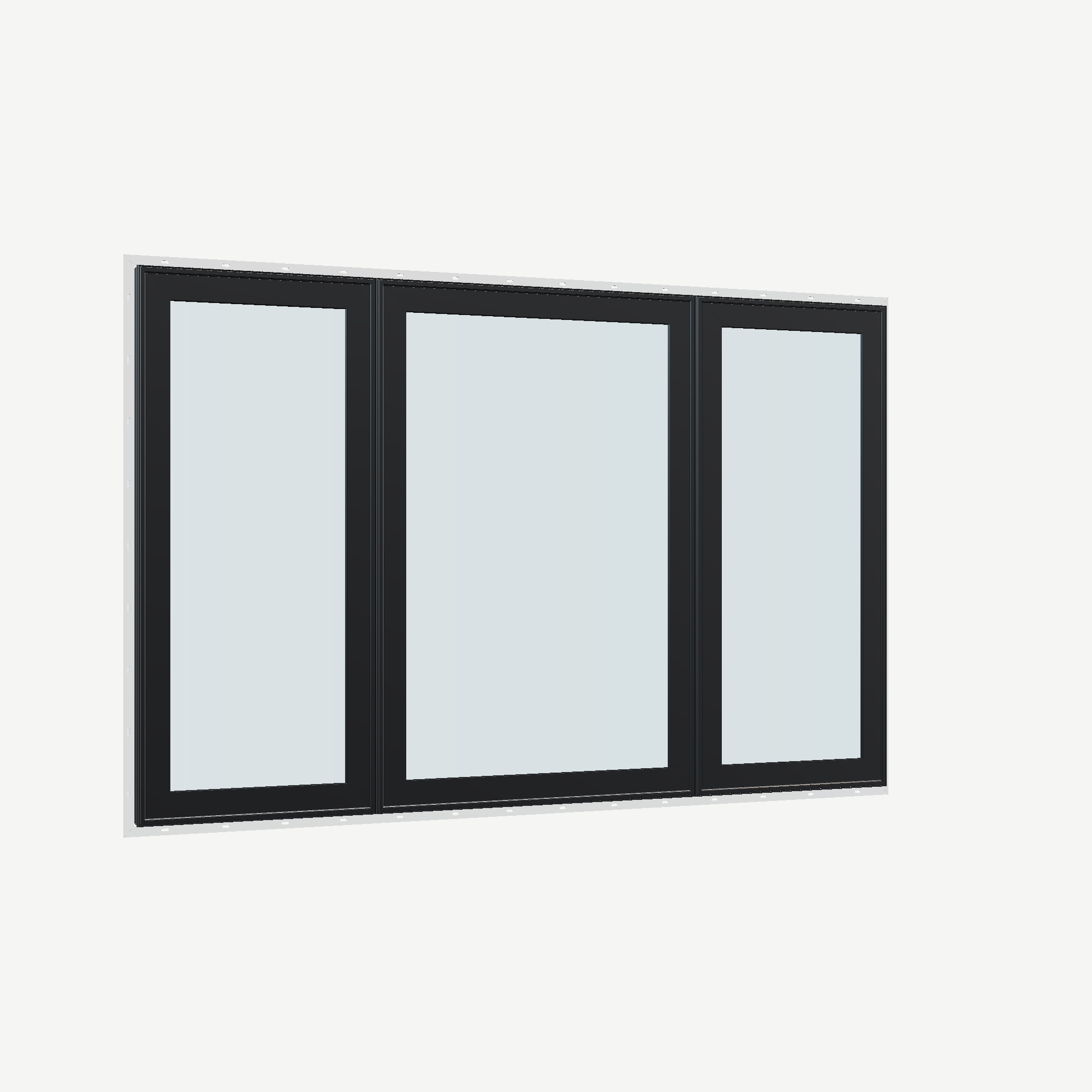 Opposite exterior angle of the 84 × 52 inch triple casement–fixed combination, black exterior / white interior, with nailing flange