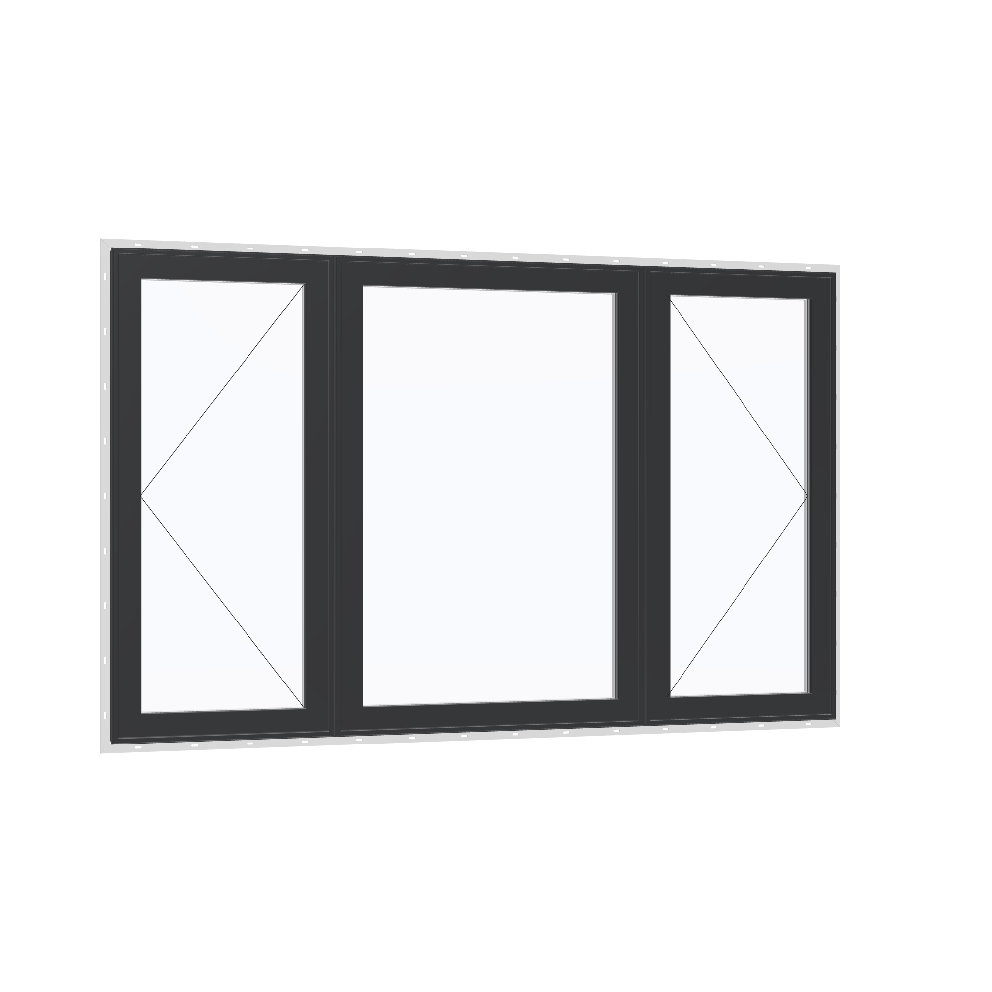 Opposite exterior angle of the 84 × 52 inch triple casement–fixed combination, black exterior / white interior, with nailing flange