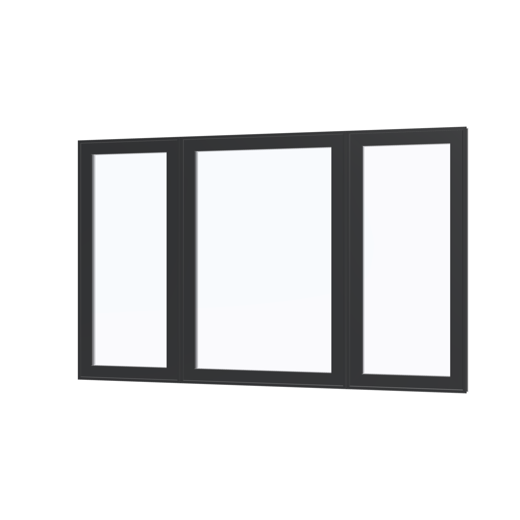 Angled exterior view of the 84 × 52 inch triple casement–fixed combination, black exterior / white interior, without nailing flange
