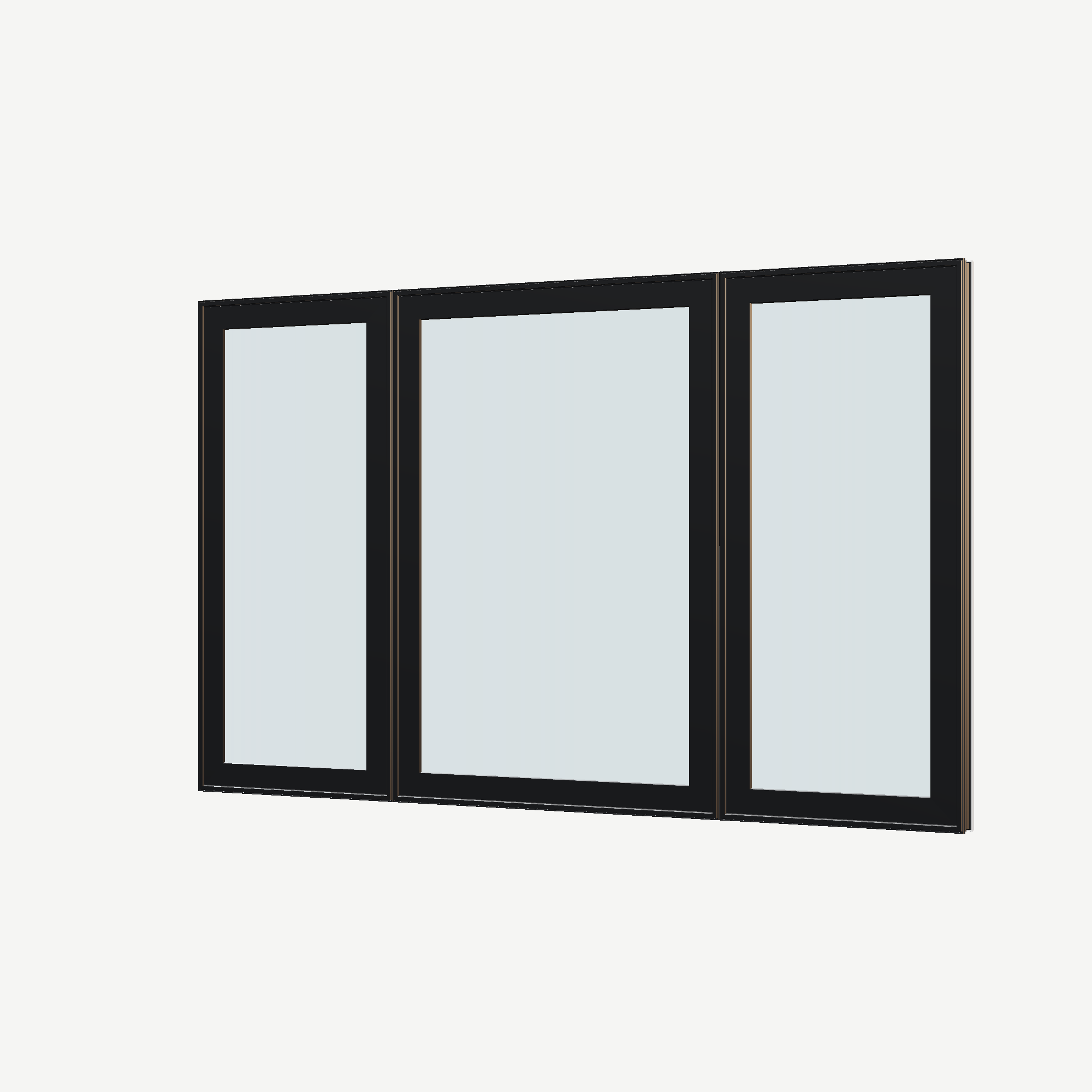 Angled exterior view of the 84 × 52 inch triple casement–fixed combination, black exterior / white interior, without nailing flange
