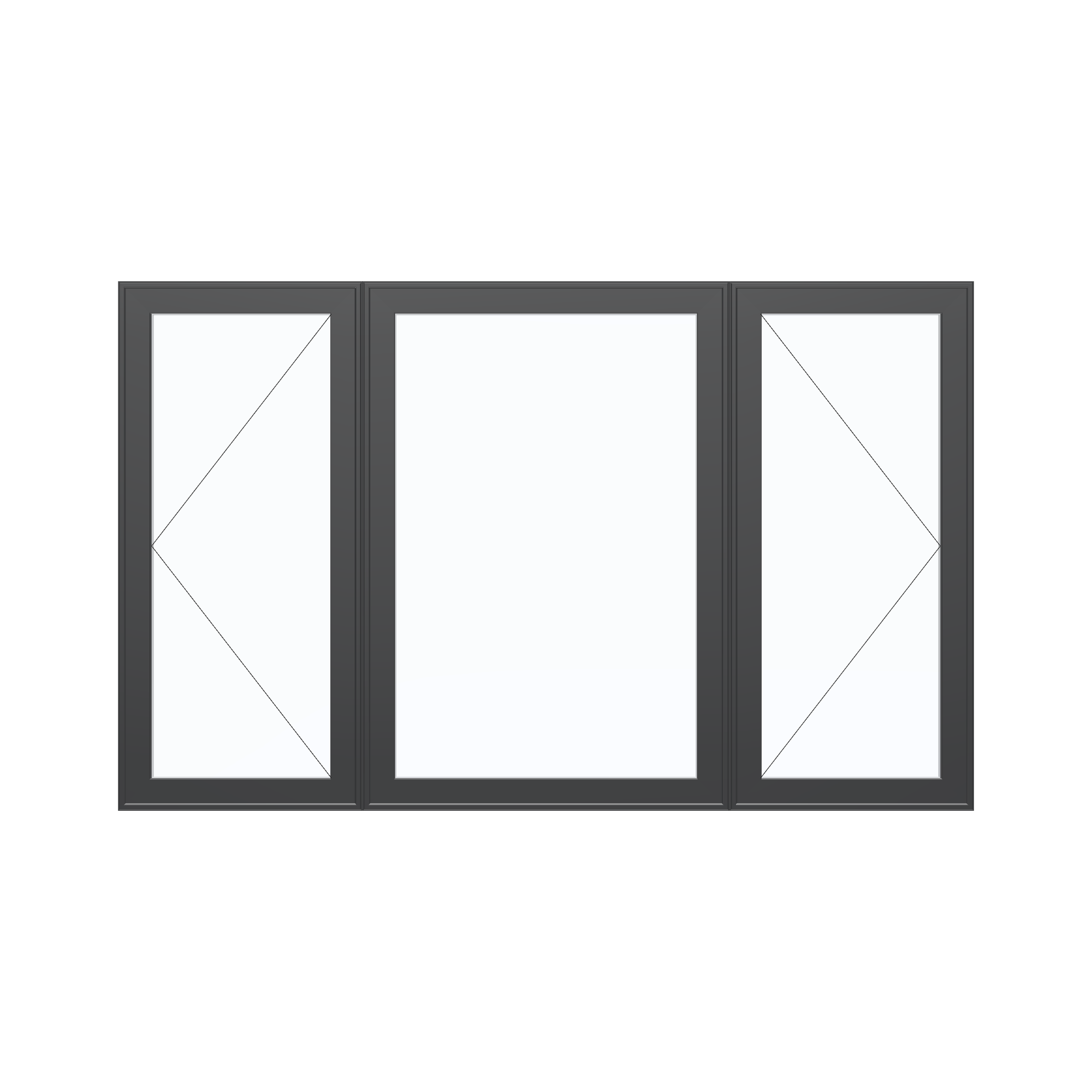 Straight exterior view of the 84 × 52 inch triple casement–fixed combination, black exterior / white interior, without nailing flange