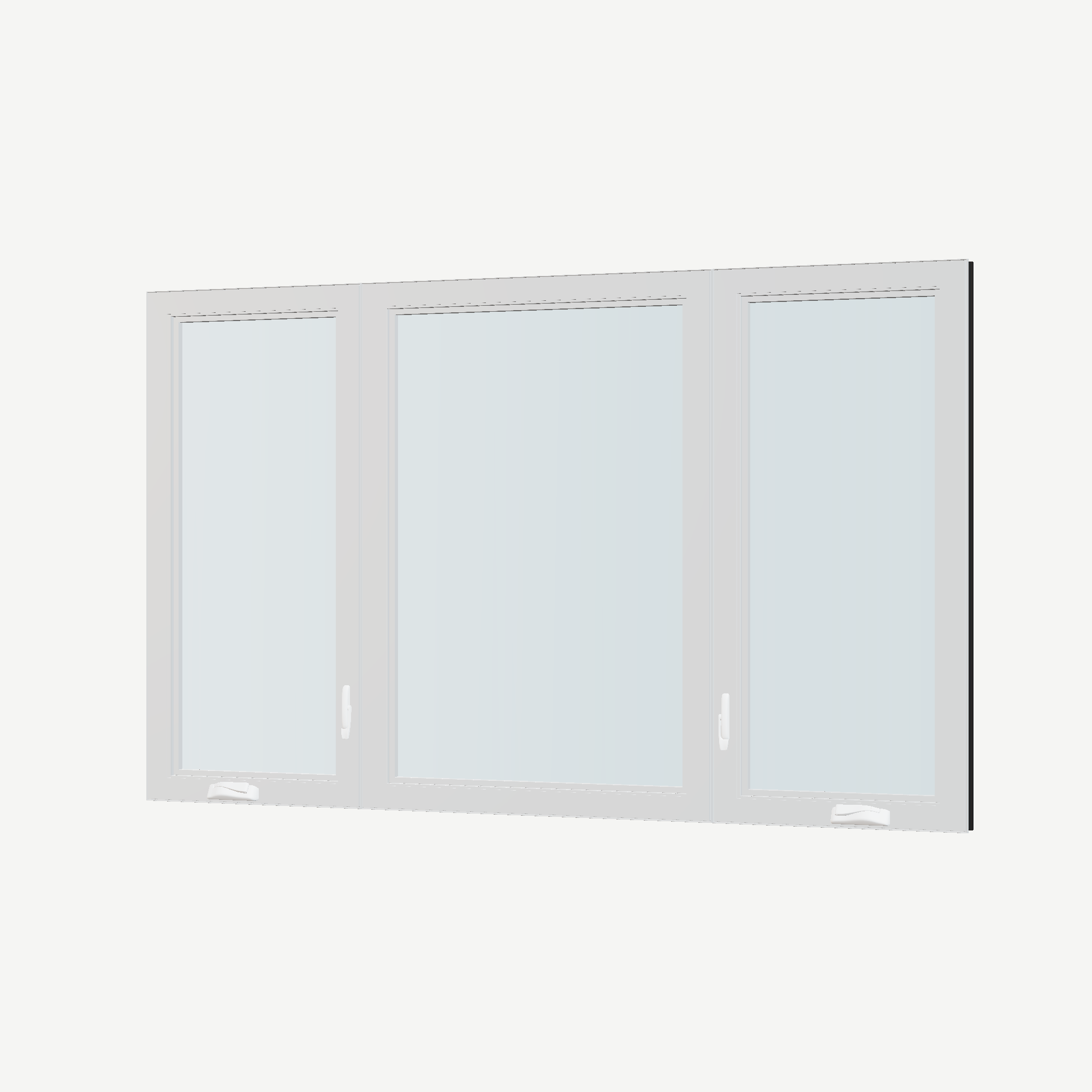 Angled interior view of the 84 × 52 inch triple casement–fixed combination, black exterior / white interior, without nailing flange