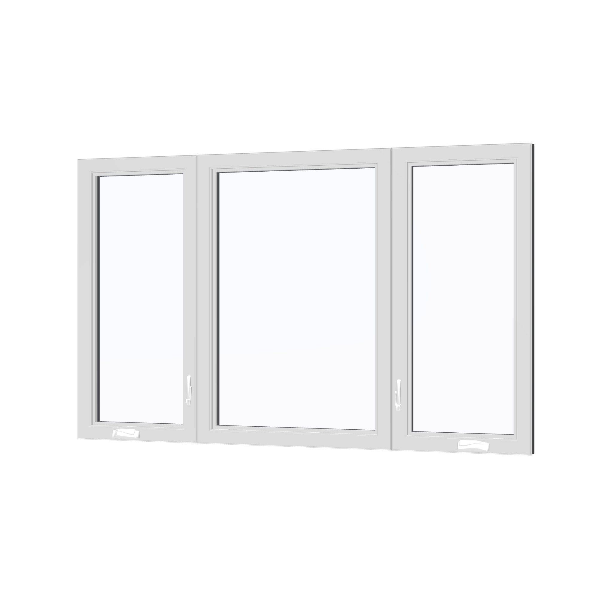 Angled interior view of the 84 × 52 inch triple casement–fixed combination, black exterior / white interior, without nailing flange