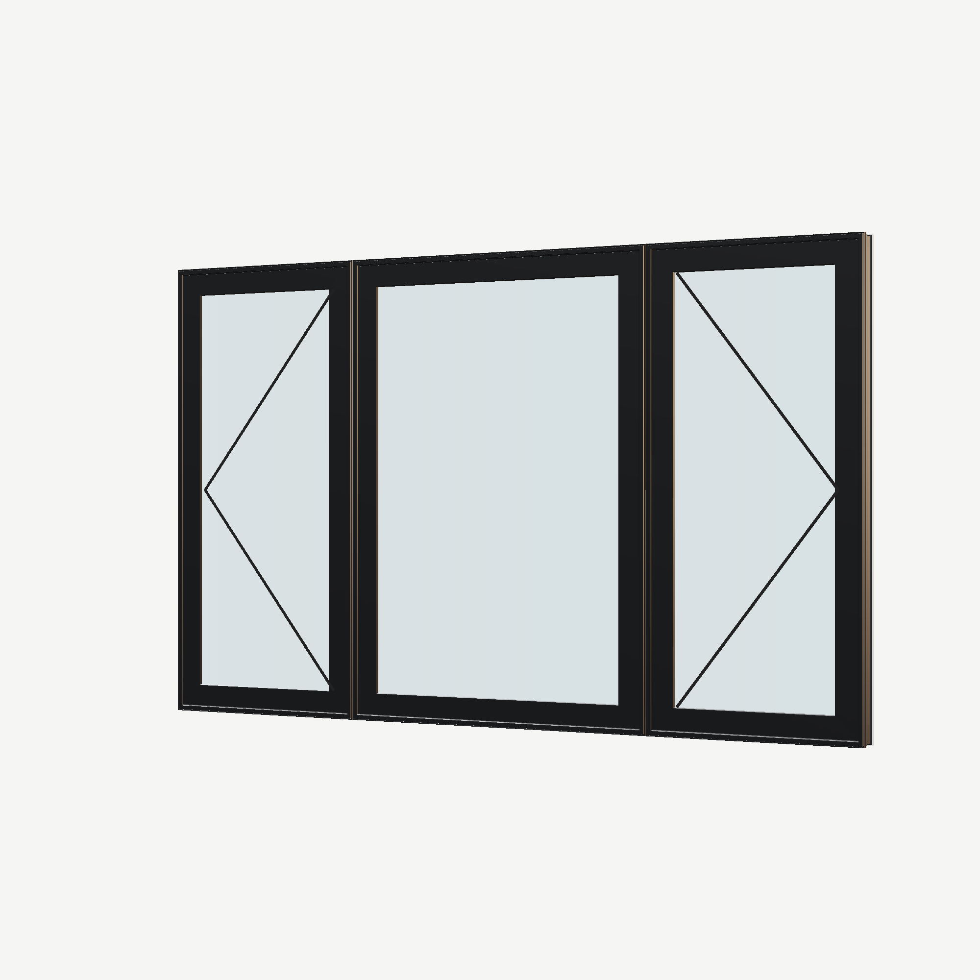 Angled exterior view with opening symbols of the 84 × 52 inch triple casement–fixed combination, black exterior / white interior, without nailing flange
