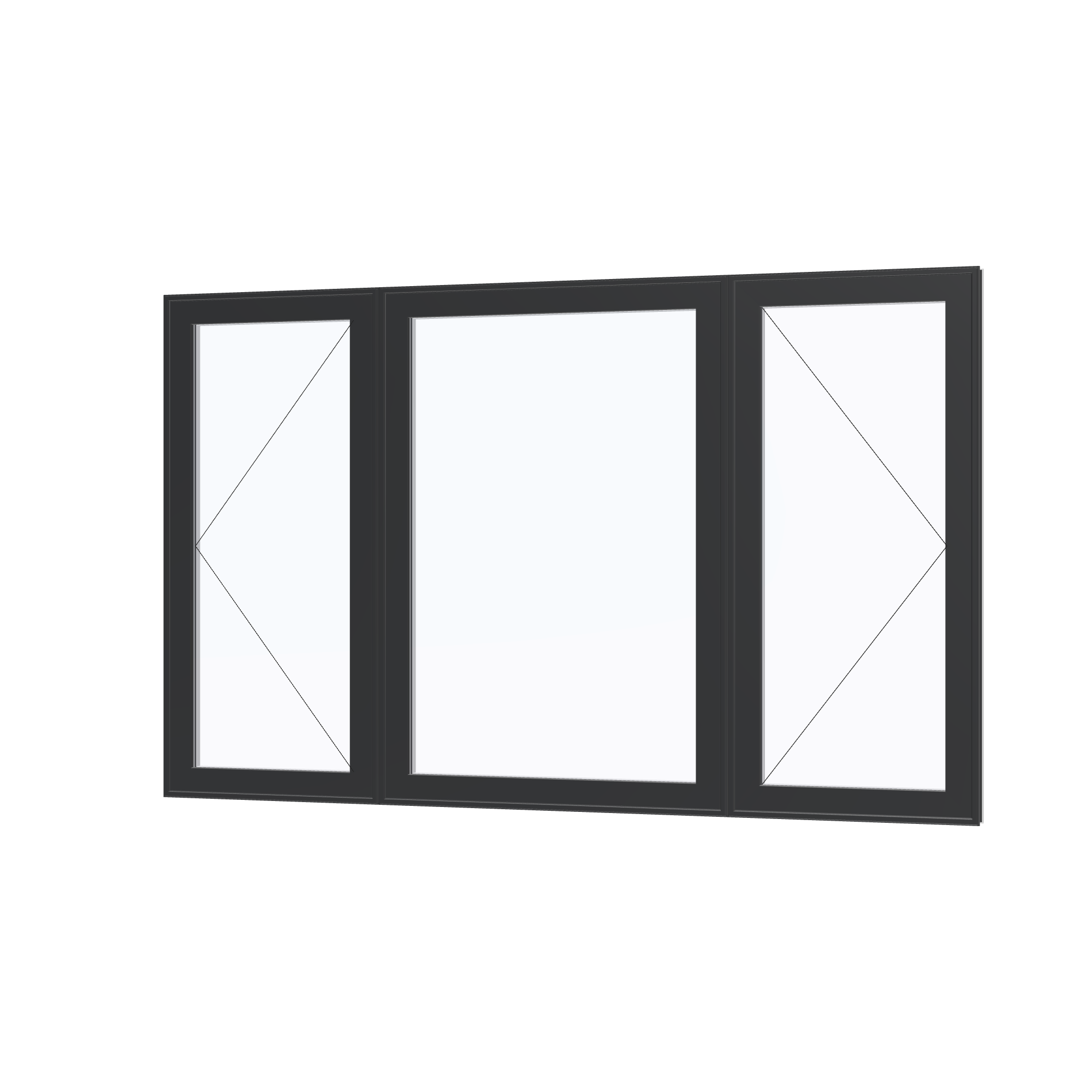 Angled exterior view with opening symbols of the 84 × 52 inch triple casement–fixed combination, black exterior / white interior, without nailing flange