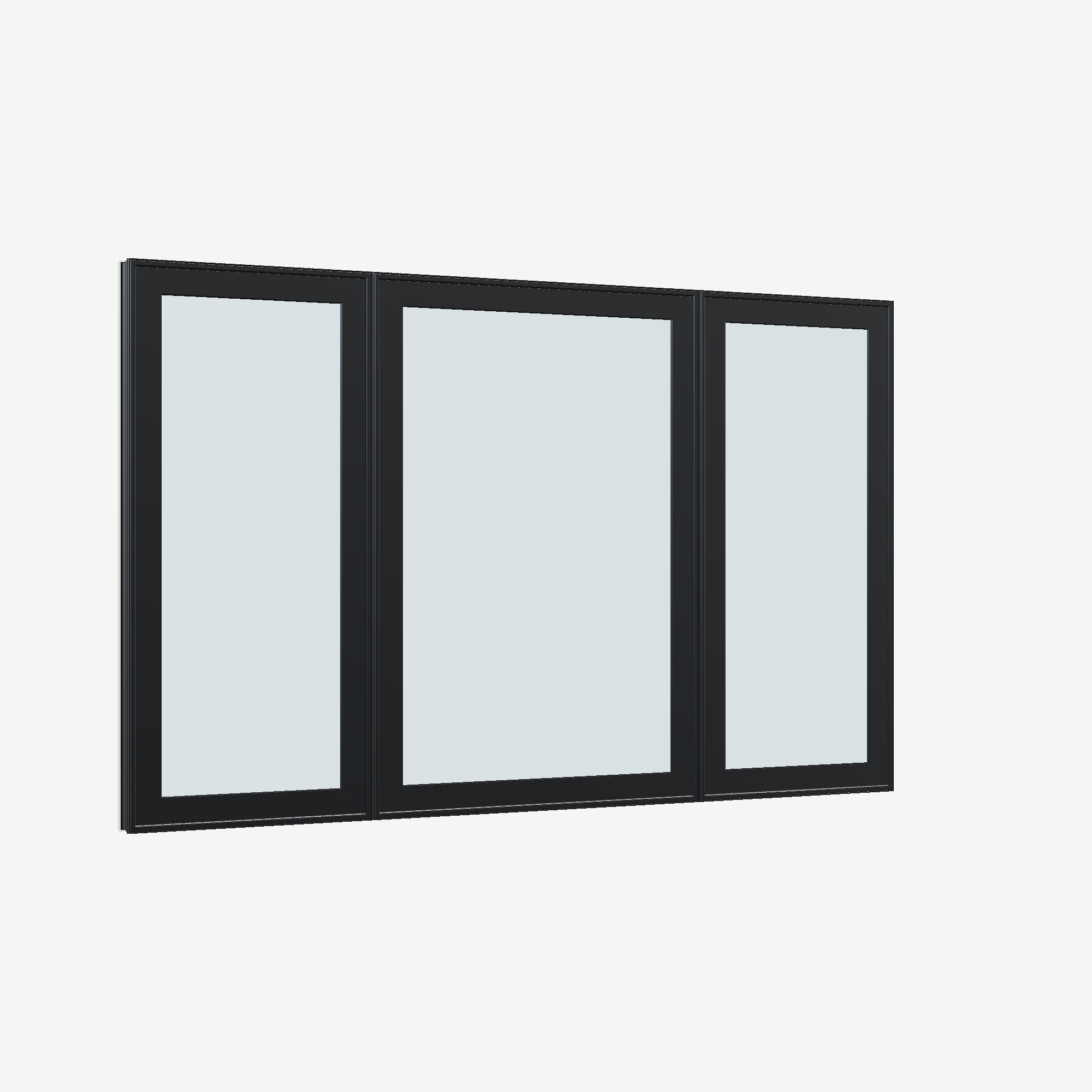 Opposite exterior angle of the 84 × 52 inch triple casement–fixed combination, black exterior / white interior, without nailing flange